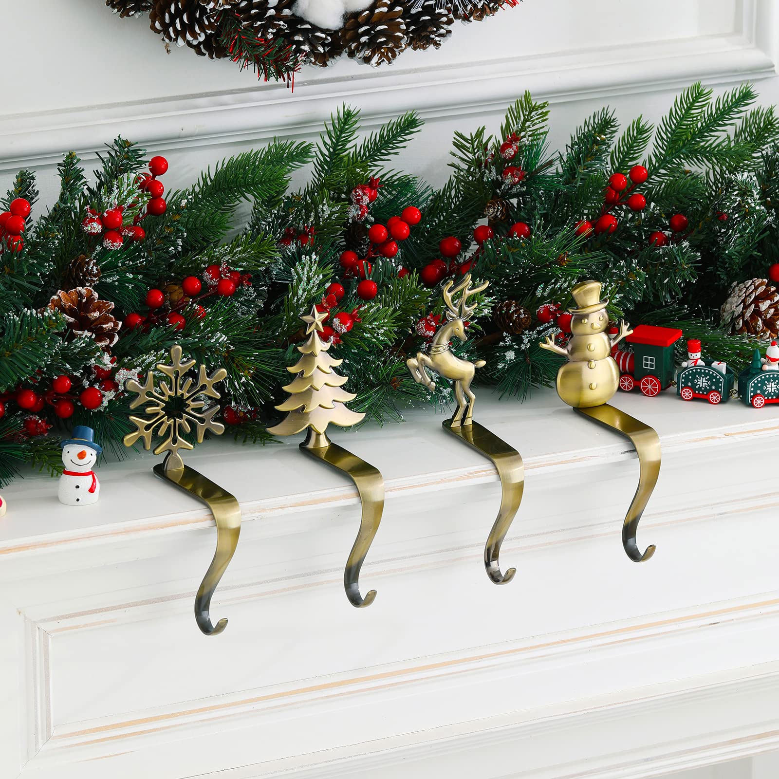 Night-Gring Christmas Stocking Holder - Set Of 4 Stocking Hangers Snowman Santa Snowflakes Christmas Tree Deer Christmas Stockin
