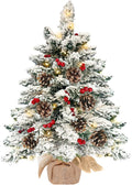 24 Inch Flocked Christmas Tree with 30 Warm Lights Timer, 2Ft Mini Tabletop Christmas Tree Battery Operated 42 Red Berry Pinecon