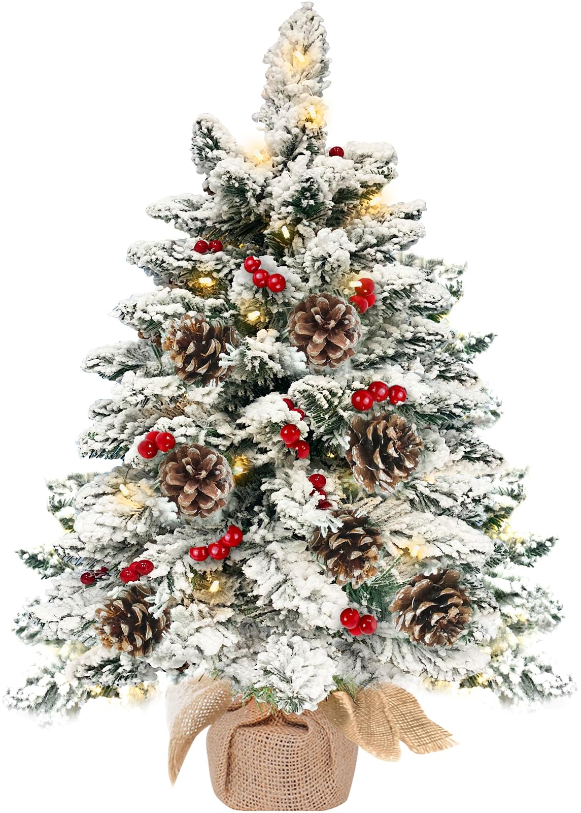 24 Inch Flocked Christmas Tree with 30 Warm Lights Timer, 2Ft Mini Tabletop Christmas Tree Battery Operated 42 Red Berry Pinecon