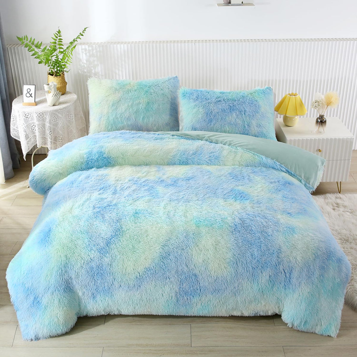 Winlife Shaggy Bedding Comforter Set Faux Fur Flannel Furry Comforter Microfiber Long Hair Fluffy Plush Comforter Sets Ombre Blu