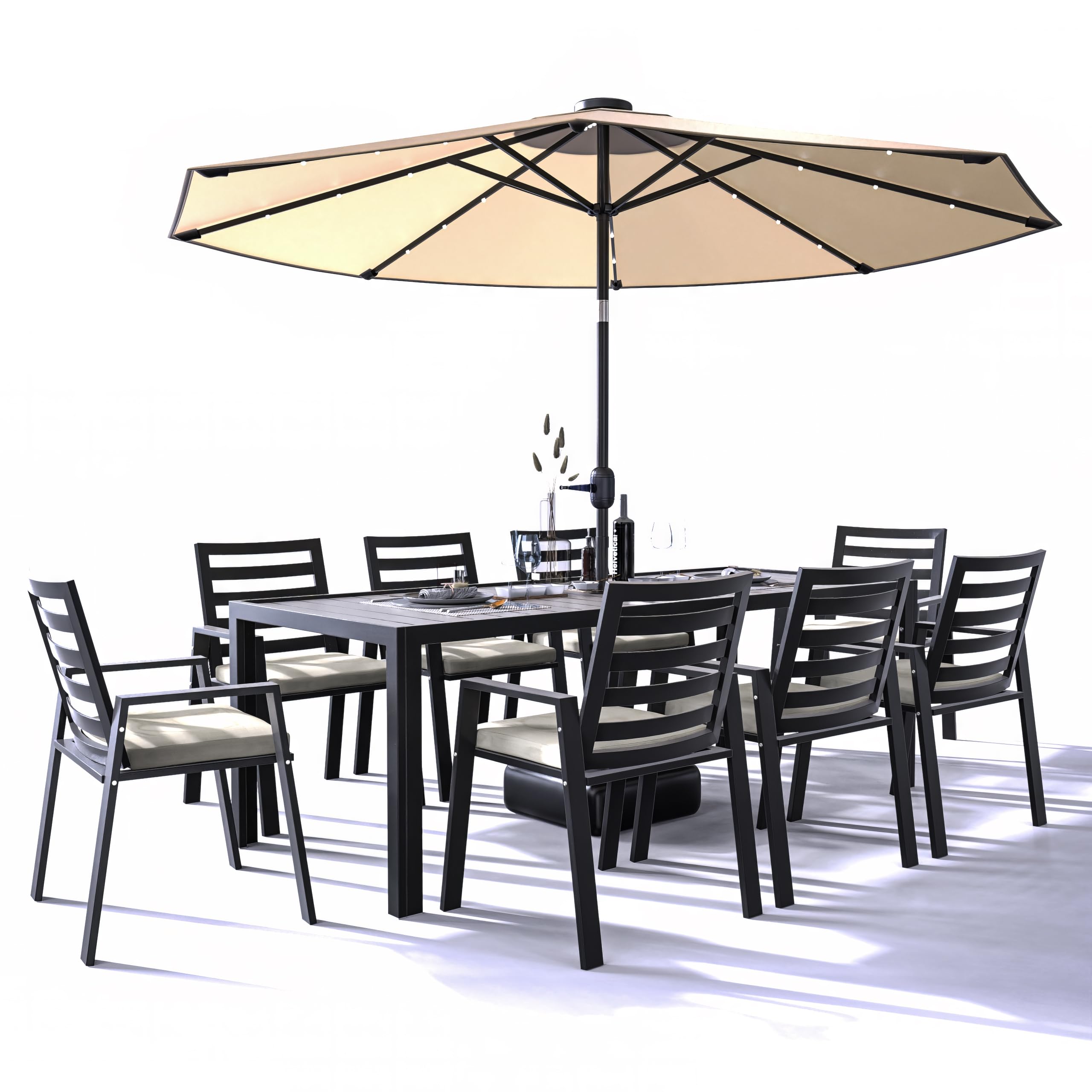 Chelsea Aluminum Outdoor Dining Table 87 With 8 Chairs and Beige Cushions