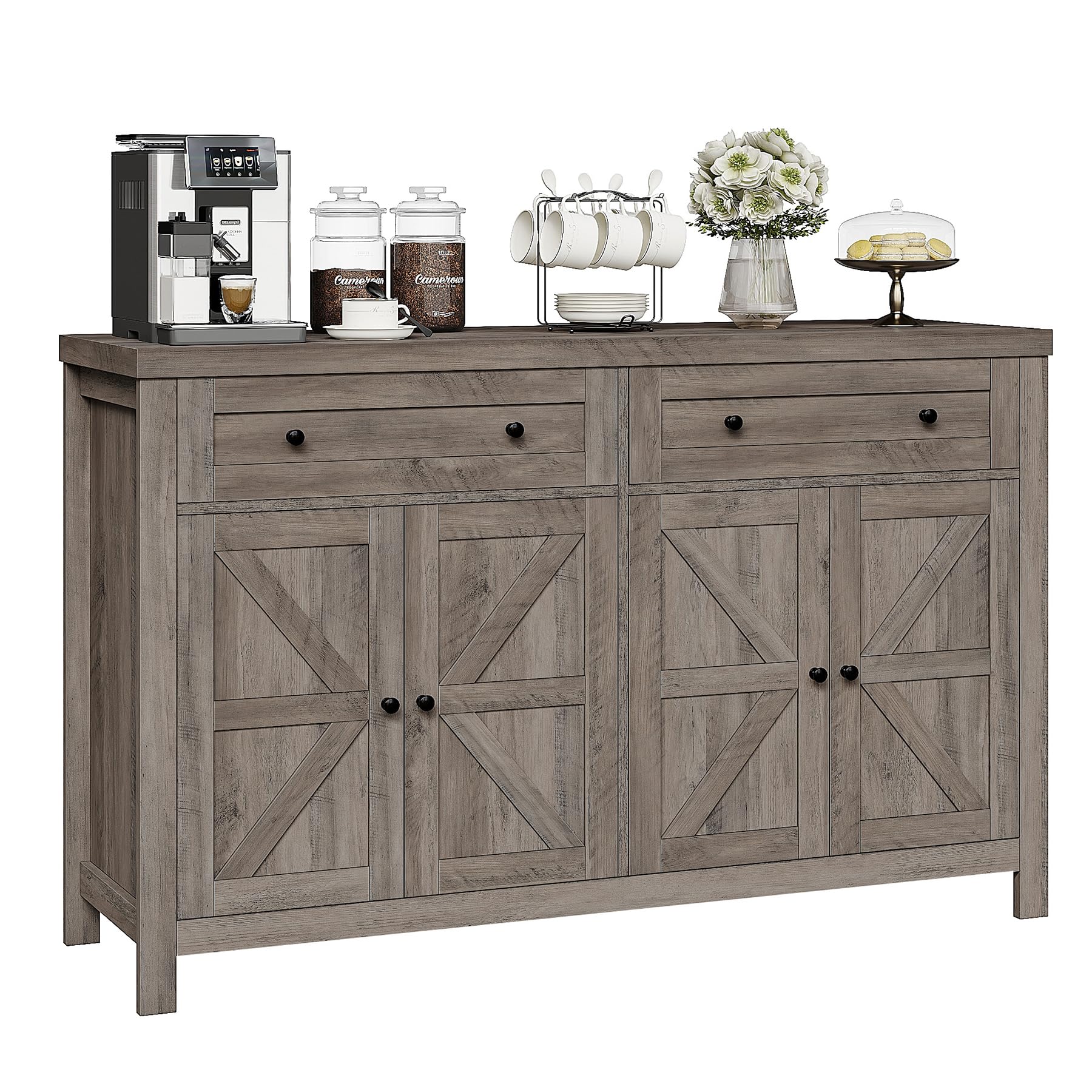 HOSTACK 55'' Buffet Sideboard Cabinet with Storage, Modern Farmhouse Coffee Bar Cabinet with Drawers and Shelves, Barn Door Stor