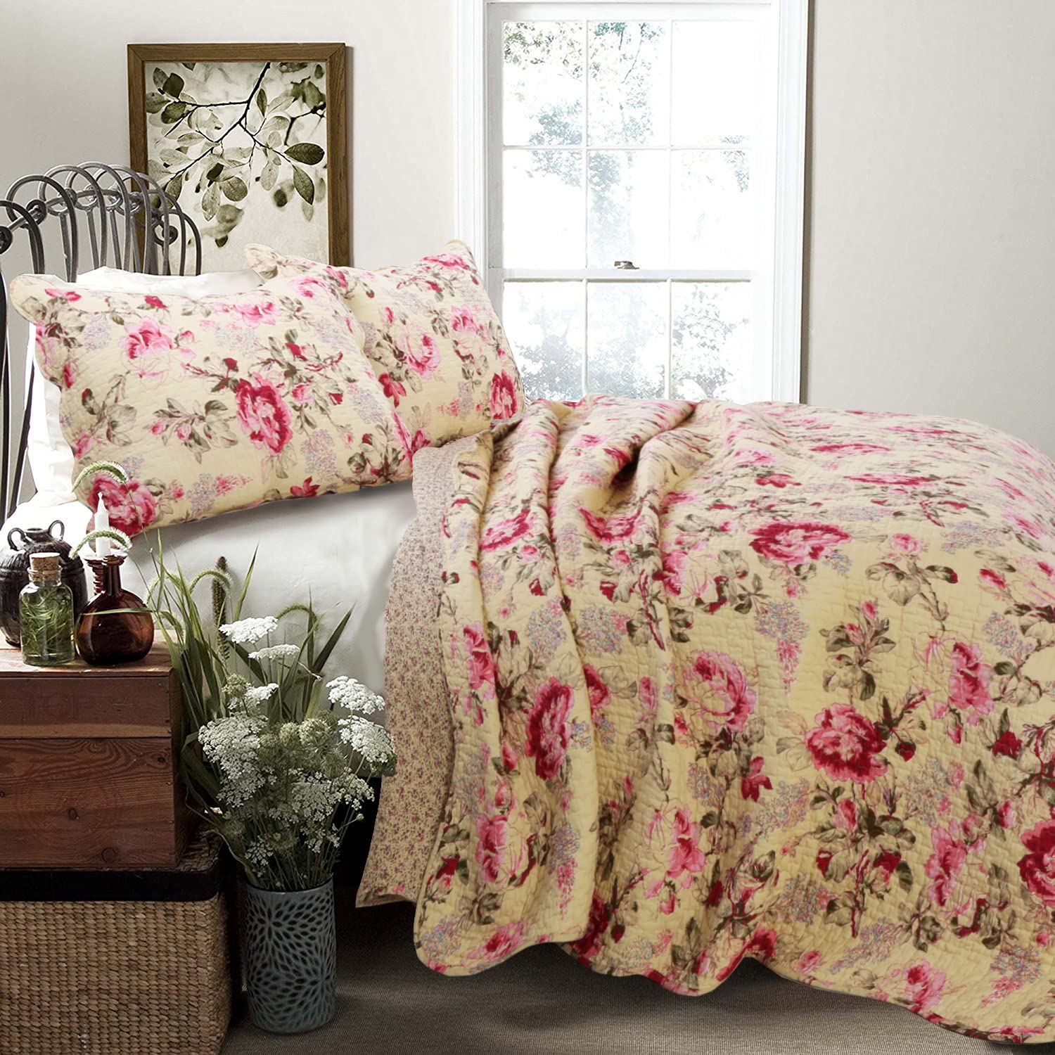 Cozy Line Home Fashions Lelia Pink Rose Blooming Floral Vintage Yellow 100% Cotton Reversible Quilt Bedding Set, Coverlet Bedspr