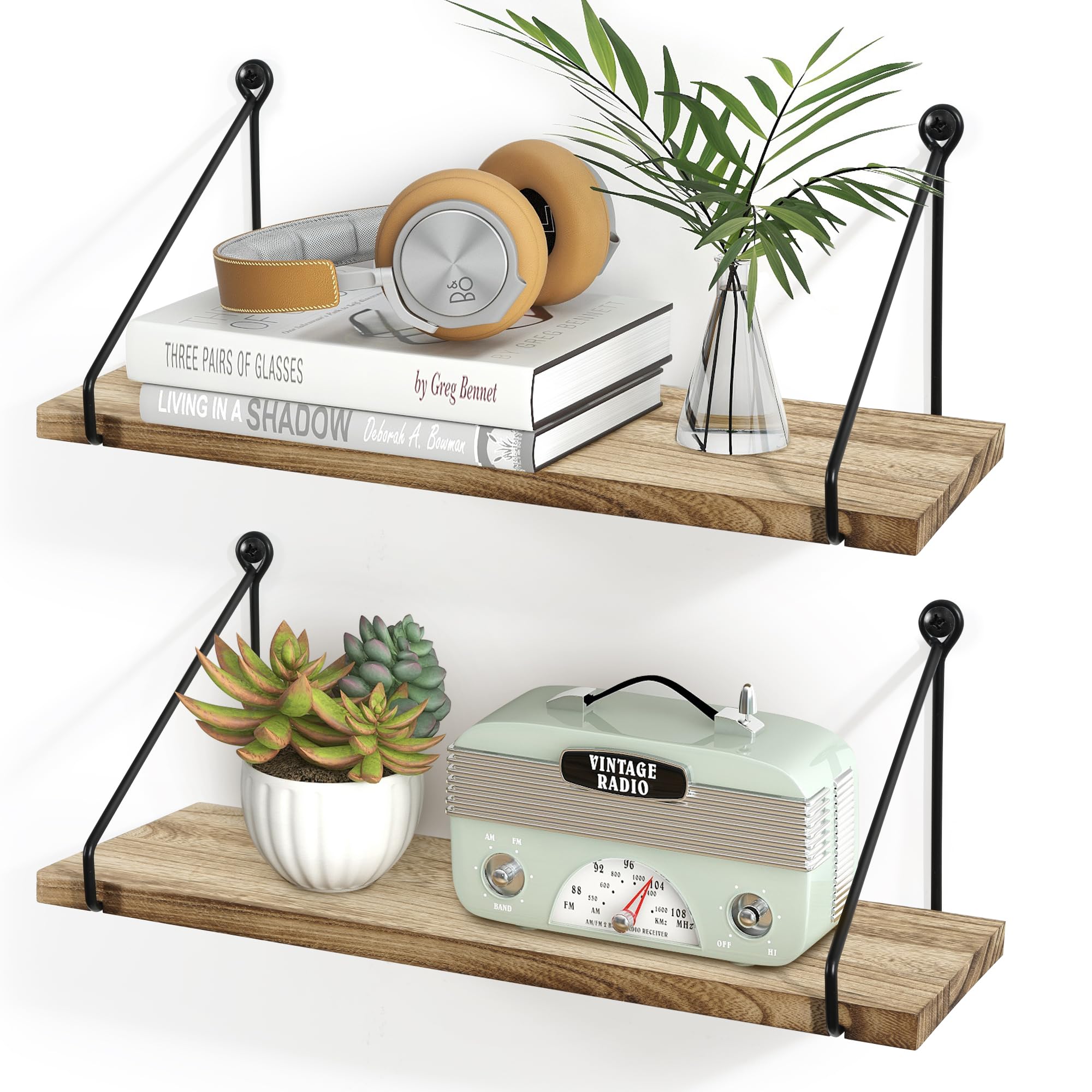 Sapowerntus Floating Shelves Wall Mounted Shelf Rustic Light Wood Bathroom Bedroom Kitchen Hanging Storage Organizer with Triang