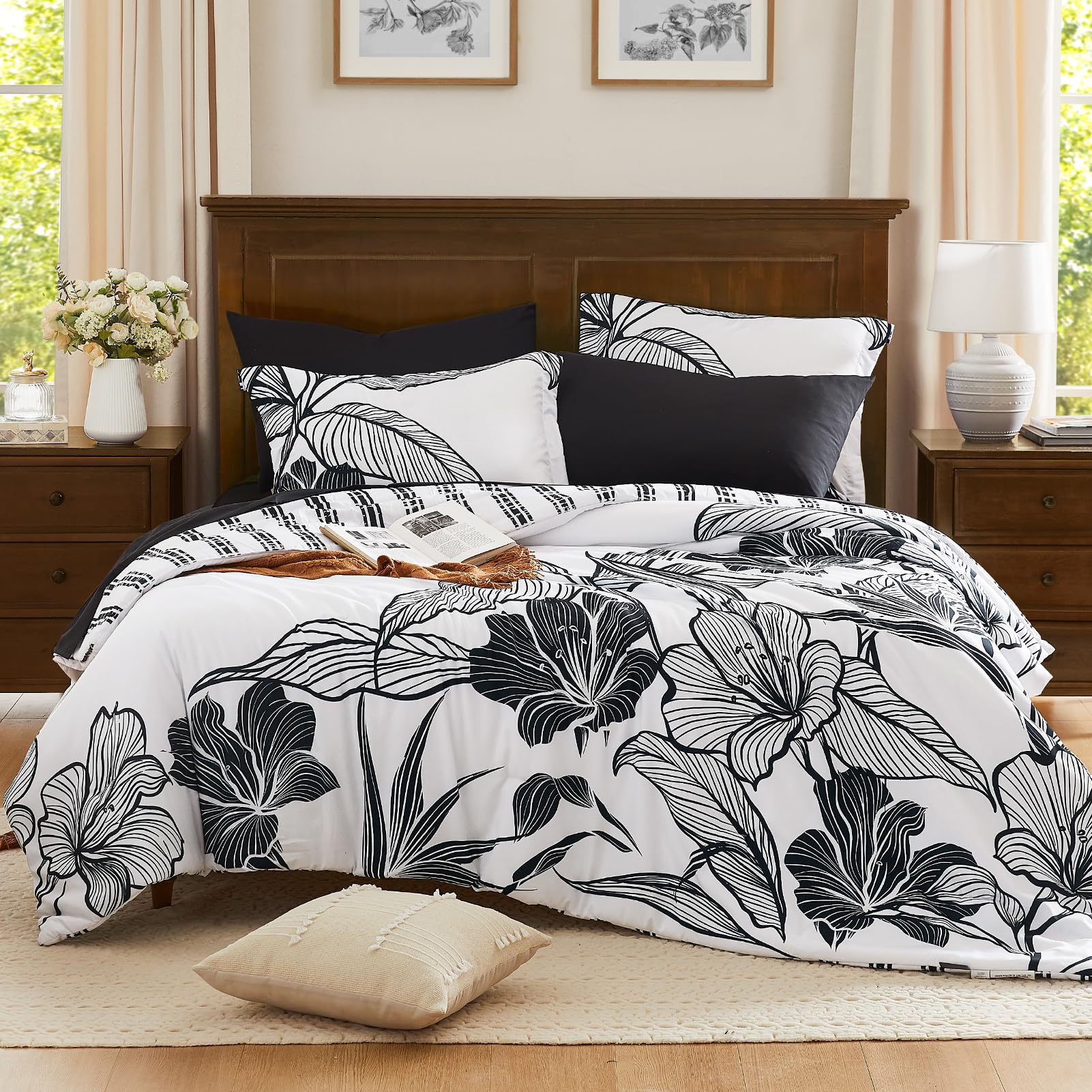 Wrensonge Queen Comforter Set, 7 Pieces Black And White Floral Comforter Set With Sheets For Queen Size Bed, Flower Pattern Quee