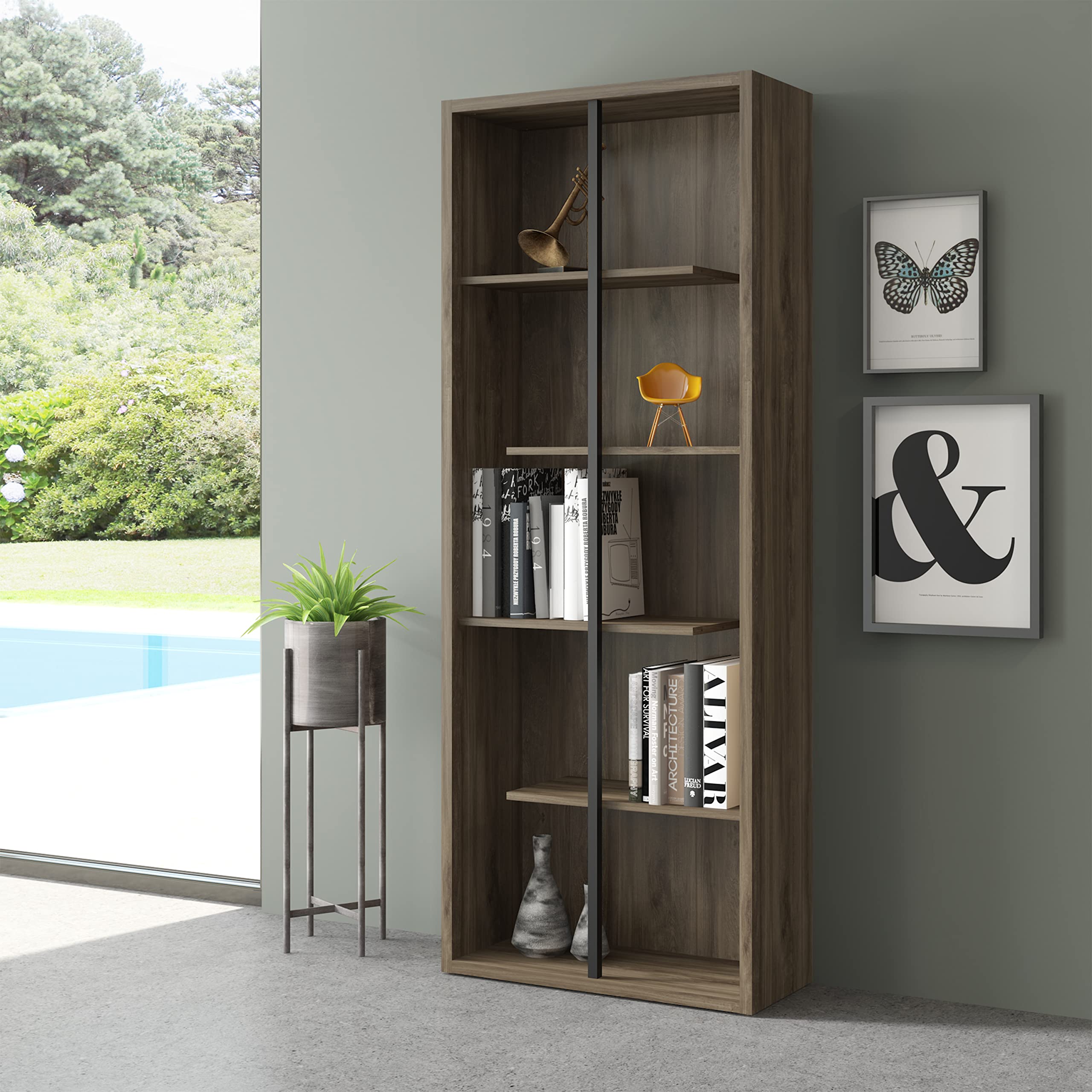 Techni Mobili 5 Shelf Bookcase - Walnut Vertical Standing Wood Bookshelf For Living Room, Bedroom & Home Office - Staggered Bookcase With Asymmetrical Shelves & Heavy Duty Steel Bar Cassa Collection