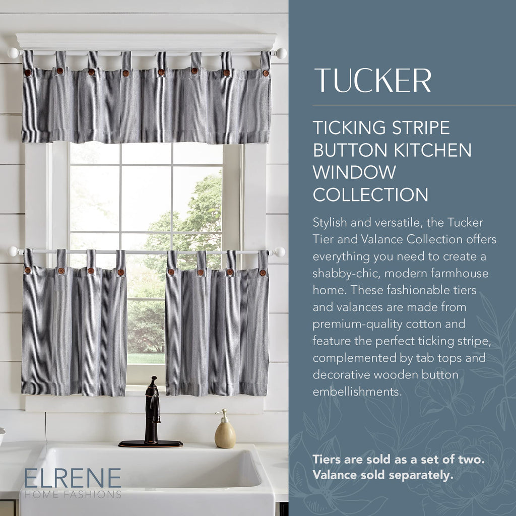 Elrene Home Fashions Tucker Ticking Stripe Tier Window Curtains For Kitchen Or Bathroom, 30' X 36', Set Of 2, Gray