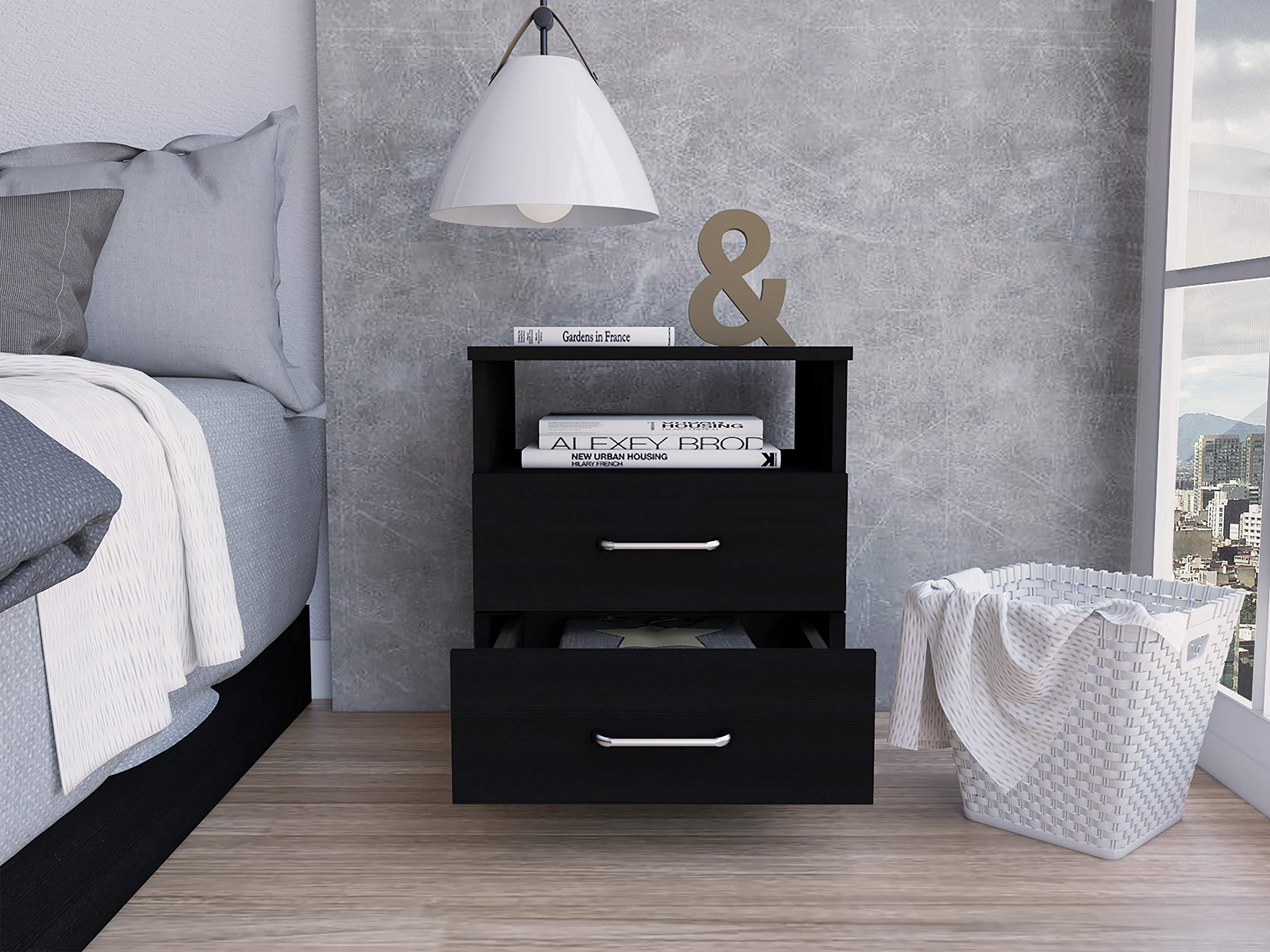 Depot E-Shop Salento Nightstand with Two Drawers, One Shelf, and Superior Top, 20" H, Black, Bedroom