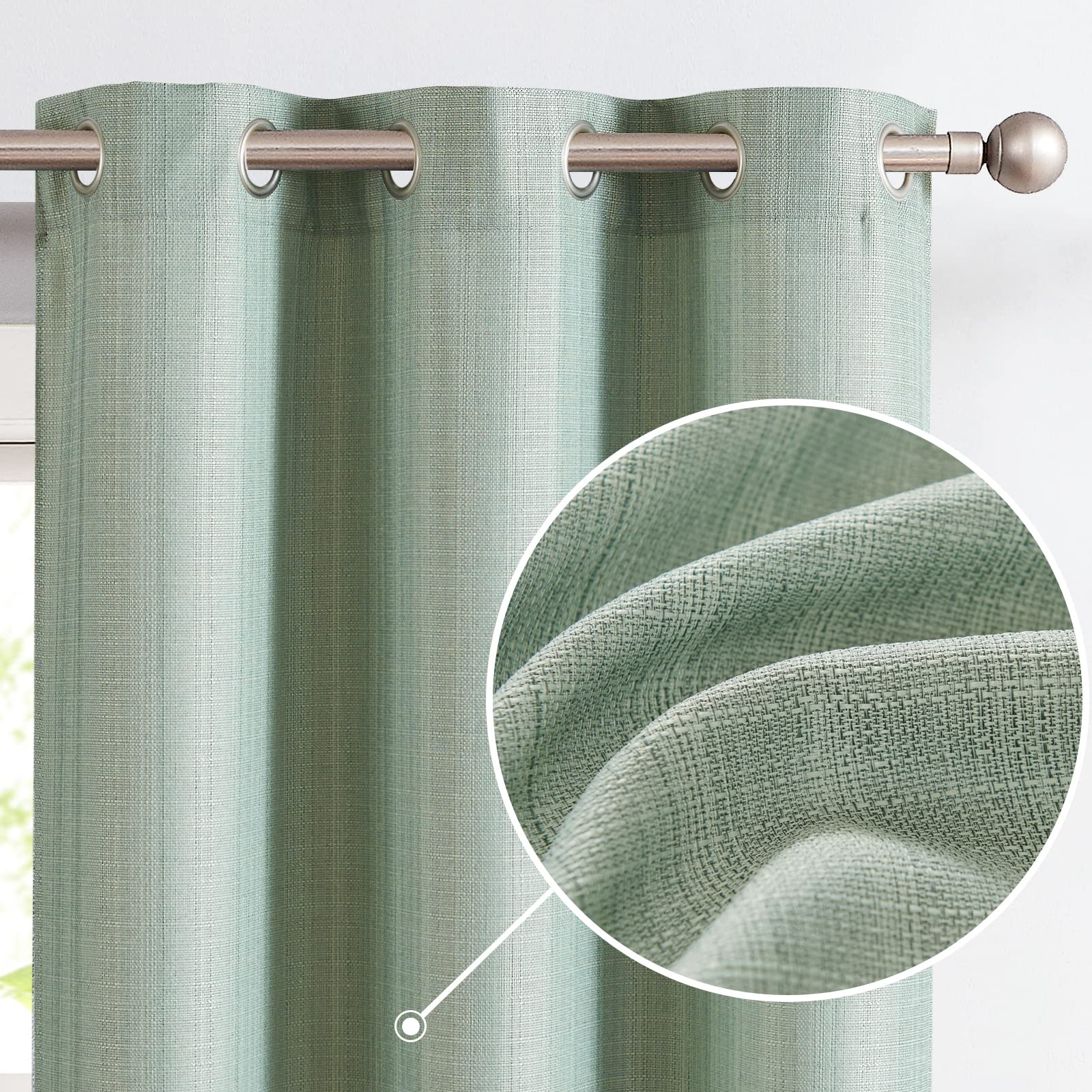 Jinchan Linen Textured Curtains 90 Inch Long 2 Panels Curtains For Living Room Heathered Green Curtains Grommet Top Light Filtering Window Curtains Set Drapes For Bedroom