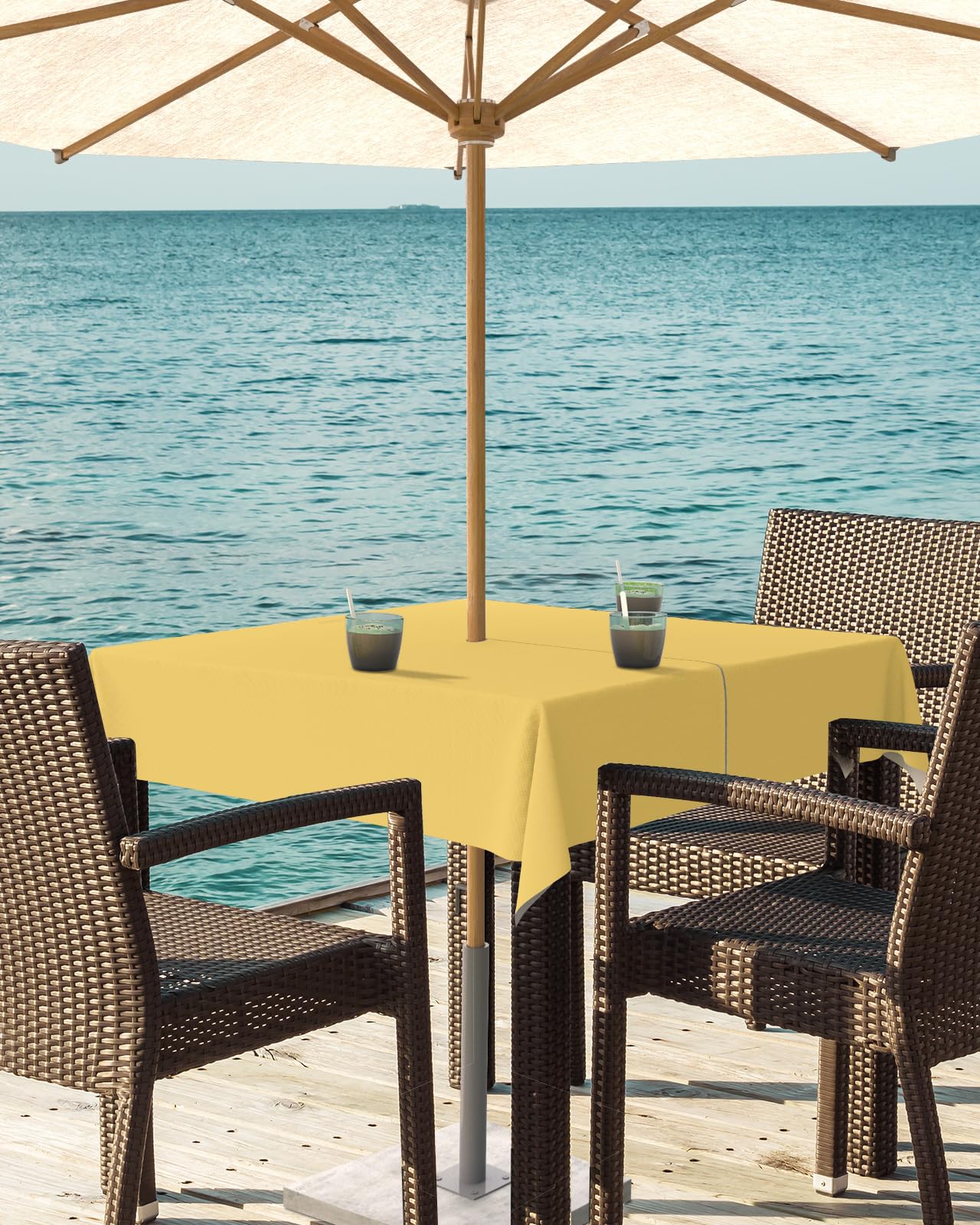 Queenker Yellow Outdoor Tablecloth With Umbrella Hole And Zipper, Solid Color Table Cover For Square Tables Waterproof Tabletop
