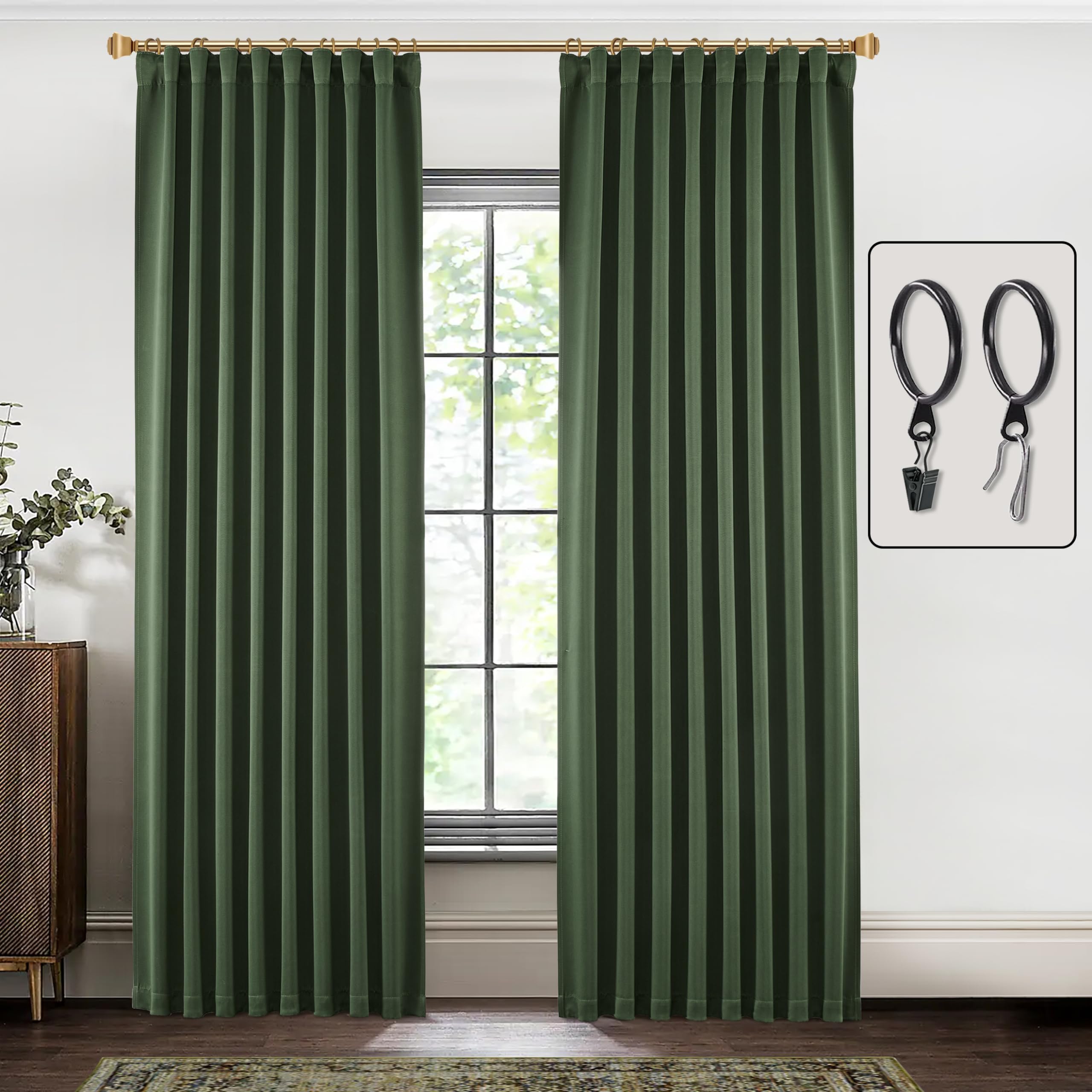 Shineland 90 Inch Blackout Curtains For Living Room 2 Panels Set,Back Tab Pleated Hook Thermal Insulated Boho Black Out Olive Cu