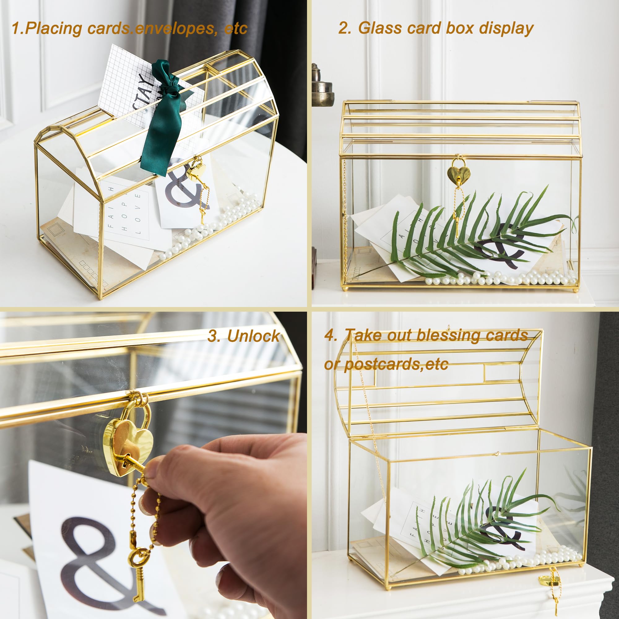 Giadun Wedding Card Box With Slot, 12.2'' Large Glass Card Boxes For Reception, Gold Card Holder, Clear Decorative Storage Box W