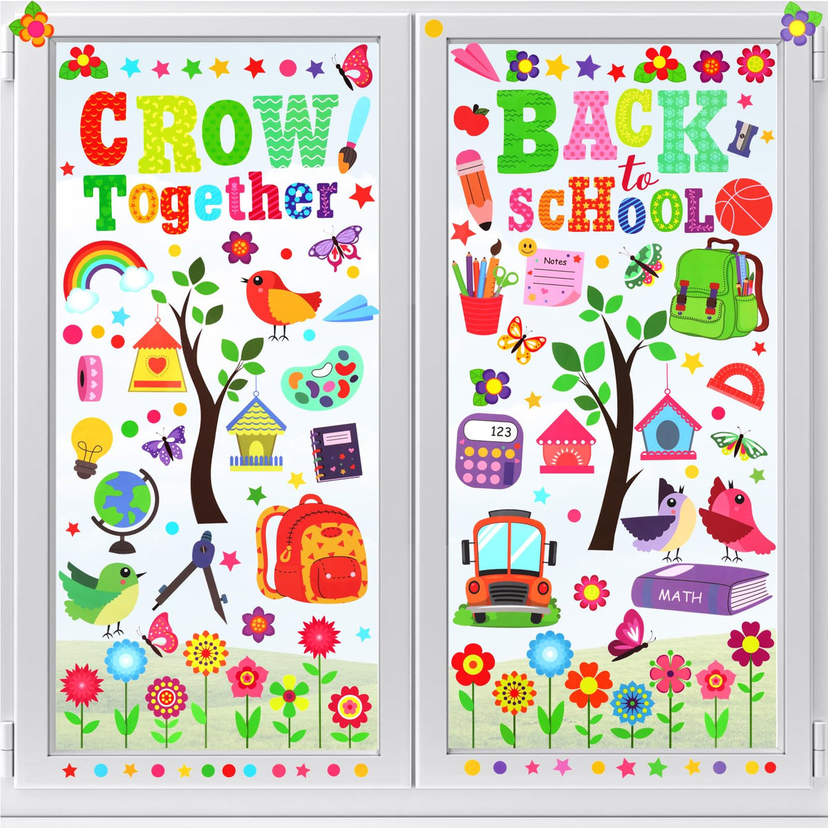 HOWAF Back to School Window Clings 9 Sheets Grow Together Window Decals Decorations Double-Sided Flower Bus Owl Window Stickers 