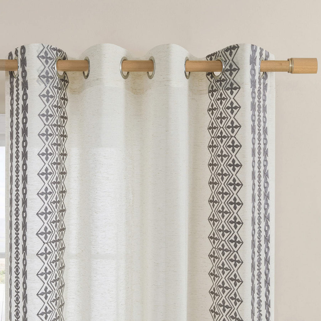 Seekright Grey Boho Curtains 72 Inch Length For Living Room Grommet Semi Sheer Linen Curtains Striped Embroidered Window Curtain