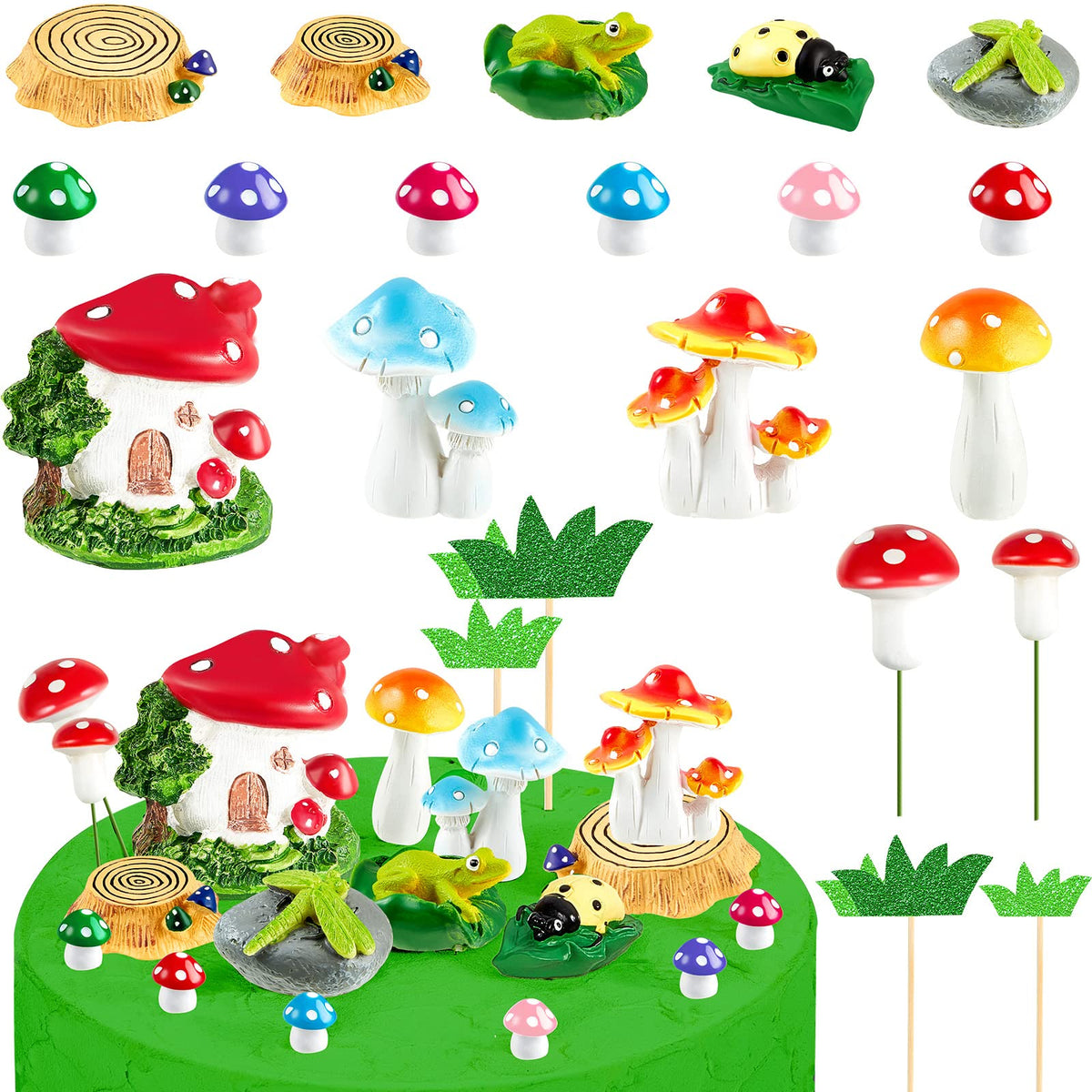 Geelin 19 Pcs Mushroom Cake Topper Garden Accessories Cute Animal Pant Mushroom Figurines Fairy Cake Topper Mini Fake Mushroom C