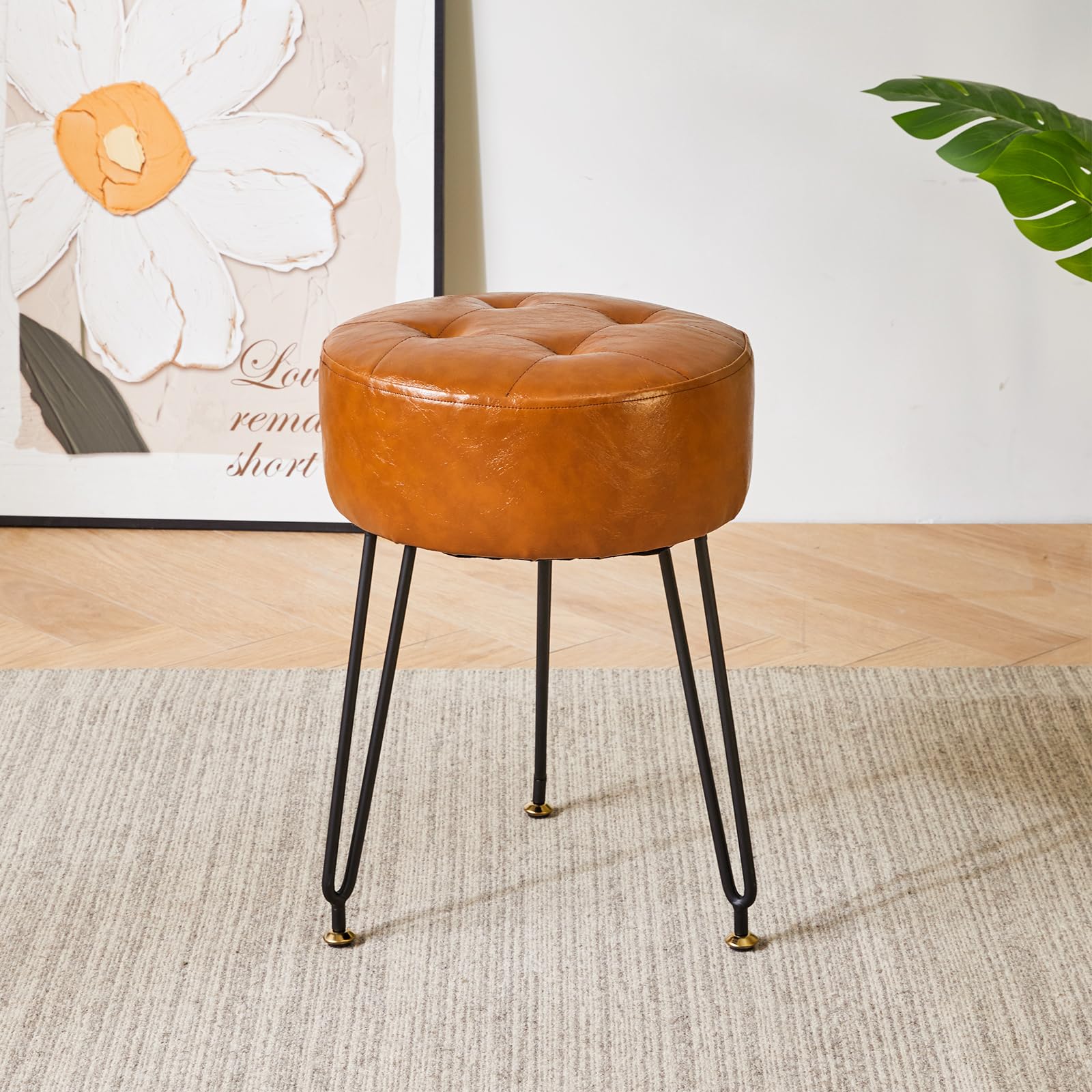 Ibuyke Faux Leather Round Footrest Stool, Makeup Vanity Stool Side Table, Pu Dressing Table Seat, Pouf Couch Stool, Golden Steel Legs, Light Brown Lg-31J