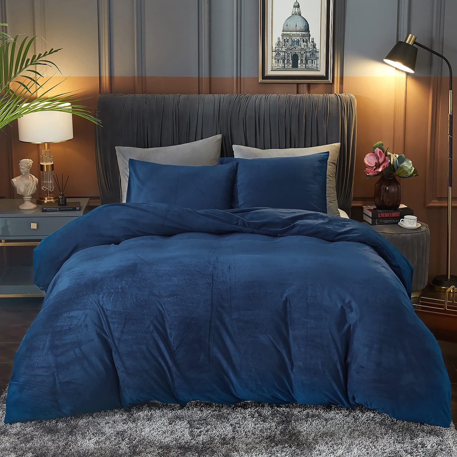 Ivellow Velvet Duvet Cover King Size 3 Pcs Flannel Navy Blue Duvet Cover King Velvet Comforter Cover Bedding Set Ultra Soft Cozy