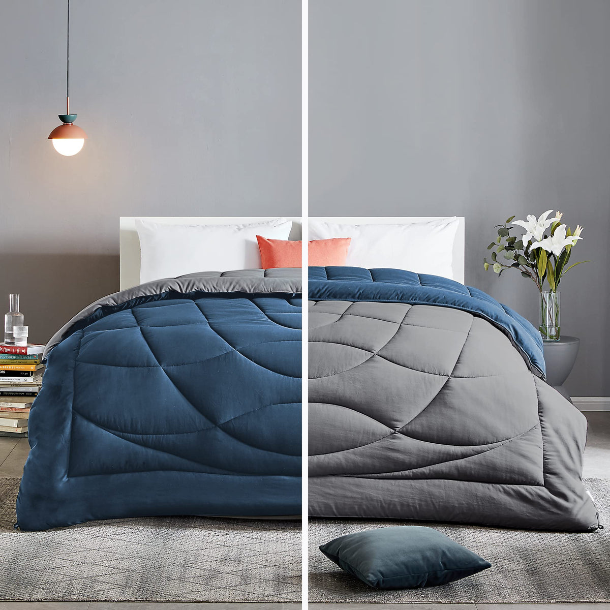 Sleep Zone Reversible Queen Size Cooling Comforter, Soft Breathable Bedding Down Alternative Comforter Warm For All Seasons, A S