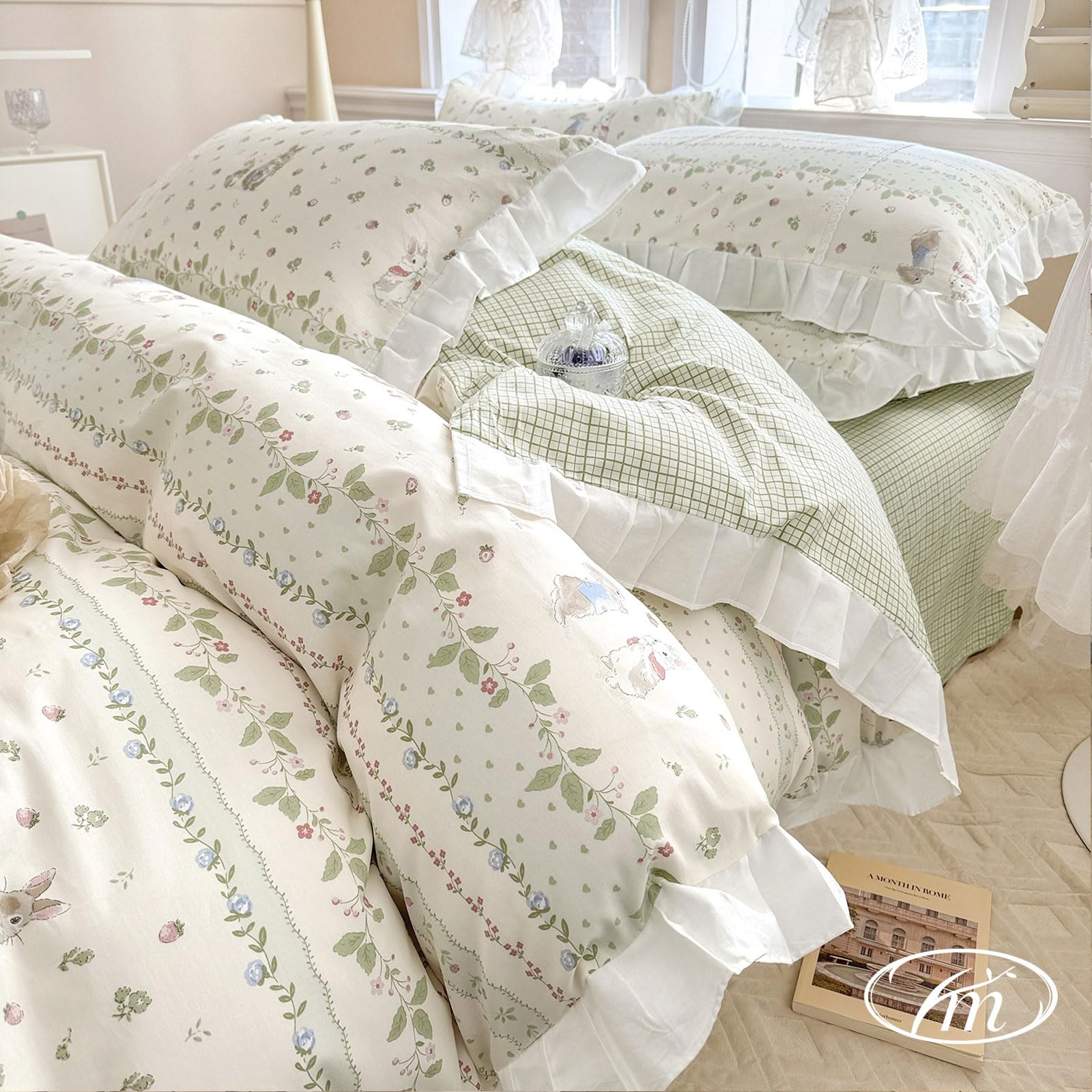VM VOUGEMARKET White Ruffle Duvet Cover Queen with Cute Rabbit Printed Reversible Green Plaid Comforter Cover with Zipper Ties C