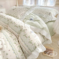 Vm Vougemarket Ruffle Duvet Cover Twin With Leaves Rabbit Pattern Reversible Green Grid Duvet Cover With Zipper Ties 100% Cotton