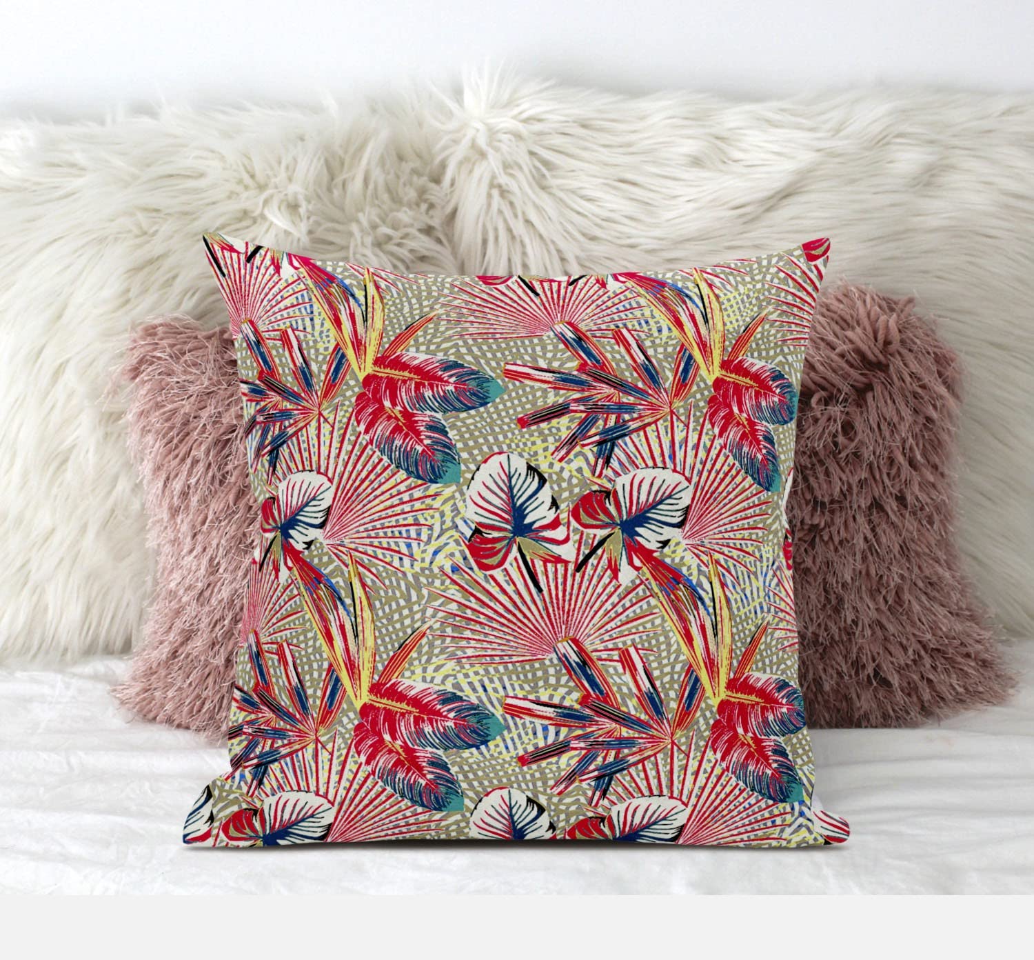 HomeRoots Black Blue 18â€ Red Gold Tropical Zippered Suede Throw Pillow