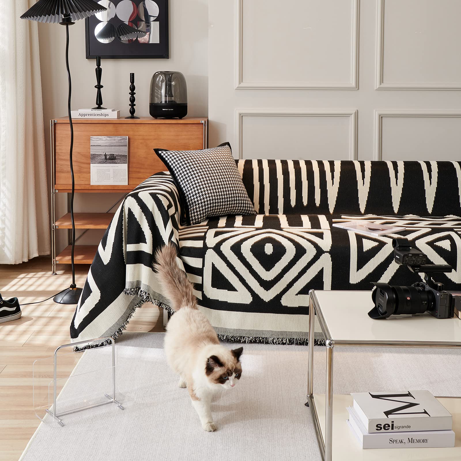 Handontime Boho Sofa Covers For Dogs Black Couch Sofa Covers For 3 Cushion Couch Sofa Beige Chenille Sofa Slipcover Couch Covers For Sectional L Shaped Couch Pets Protector Furniture Covers, 91' X150'