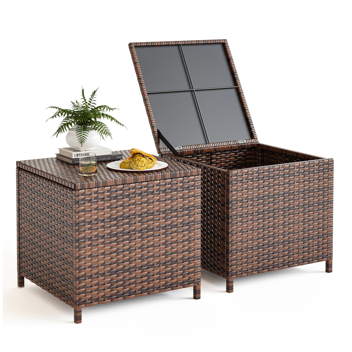 Udpatio Outdoor Wicker Side Table With Storage Set Of 2 Patio Rattan End Table Small Resin Square Container Coffee Table Backyard Pool For Furniture Covers, Toys And Gardening Tools (Brown)
