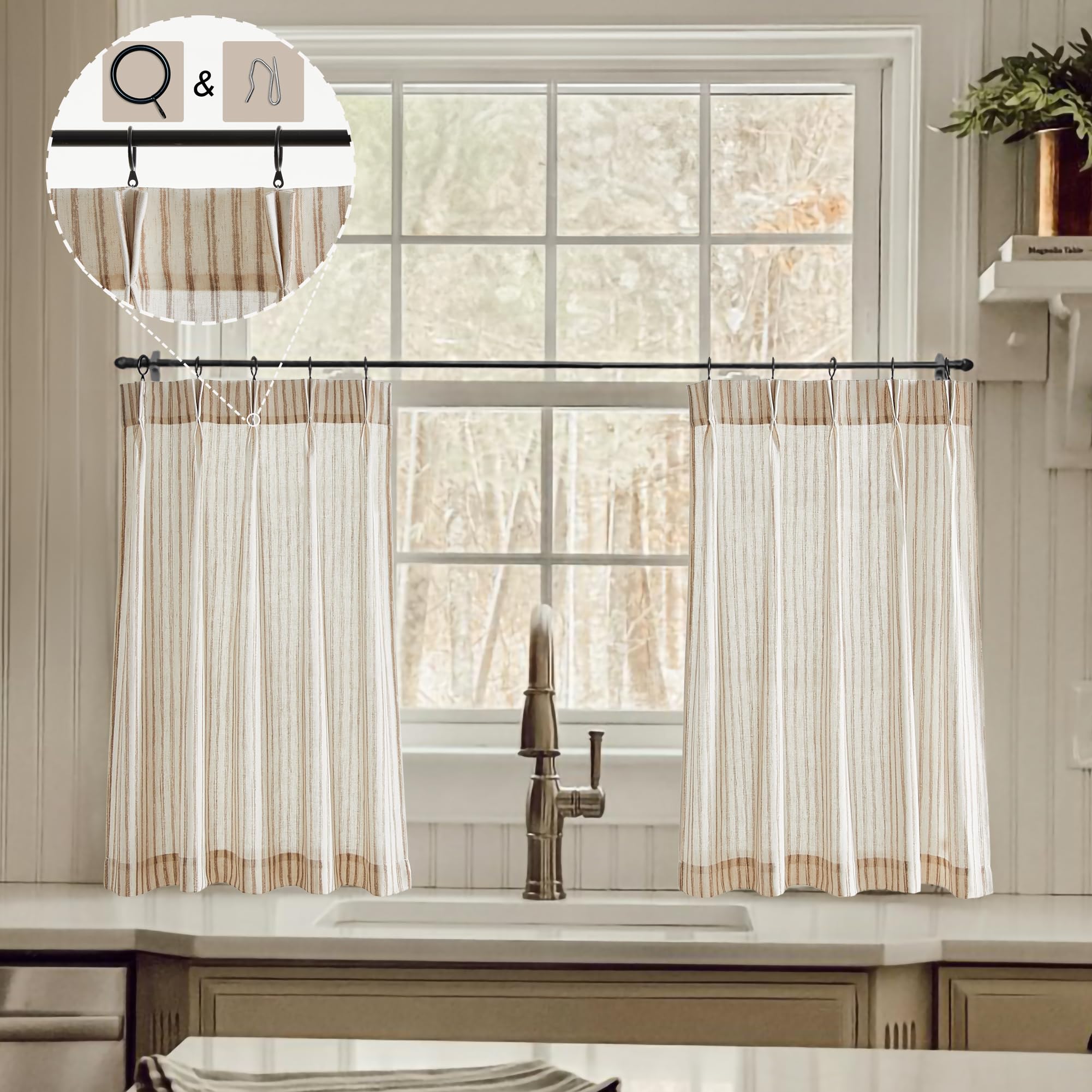 LIMON HOME Short Curtains 30 Inch Length for Boho Kitchen Window,Beige Printed Striped Semi Sheer Curtains,RV Curtains for Campe