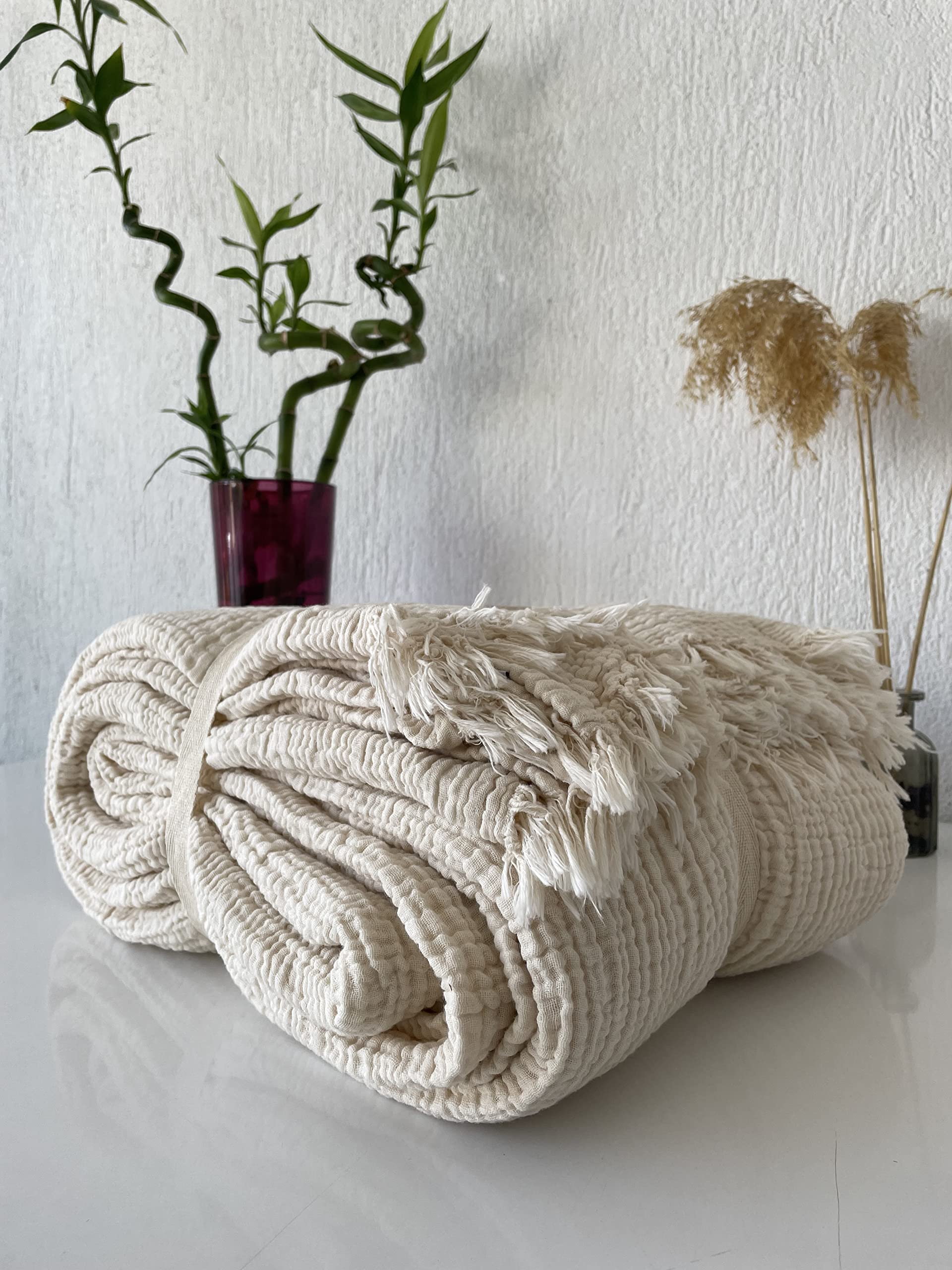 Muslin Blanket 100% Cotton, 4 Layers Bedspread, Soft Turkish Cotton Muslin Bed Cover, Reversible Coverlet, Ivory (King Size 95X1