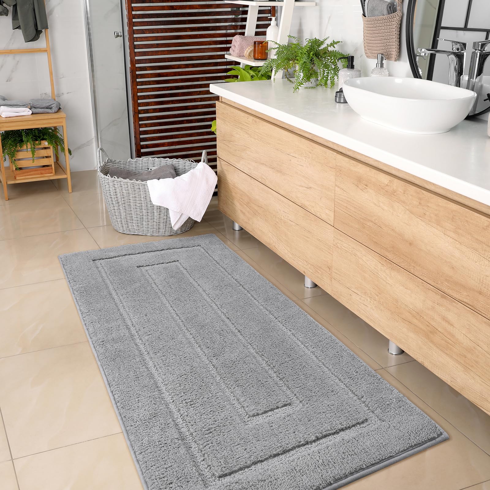 Homore Bath Rug, Grey Bathroom Rug 24X60 Inch Soft Absorbent Microfiber Bathroom Runner Rug, Washable Bath Runner Rugs For Bathr