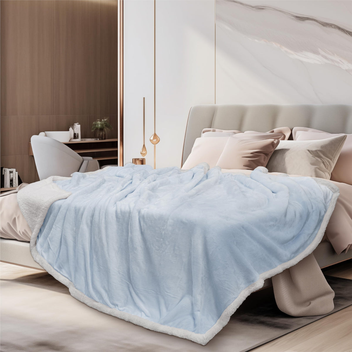 Pavilia Light Blue Sherpa Fleece Throw Blanket For Couch Twin, Soft Thick Bed Blanket Sofa, Cozy Warm Throw Blanket All Season,
