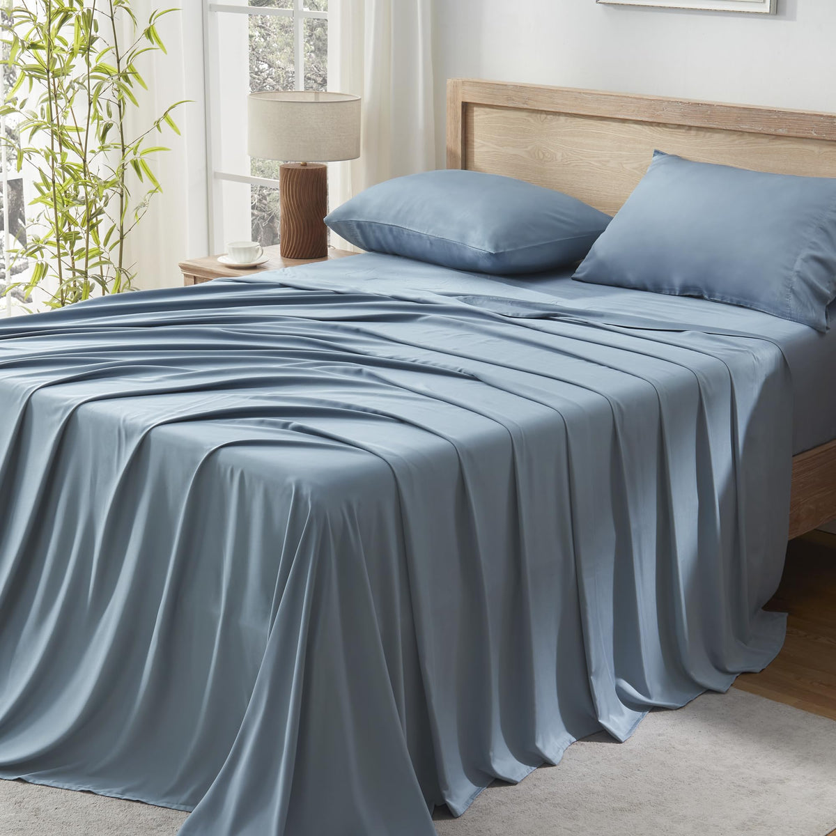 Andency Grayish Blue Queen Sheets Set, 100% Viscose Derived From Bamboo, Cooling Bed Sheets Queen Size, Deep Pocket Up To 16', Silky Soft Sheets, Hotel Luxury Breathable Bedding Sheets & Pillowcases