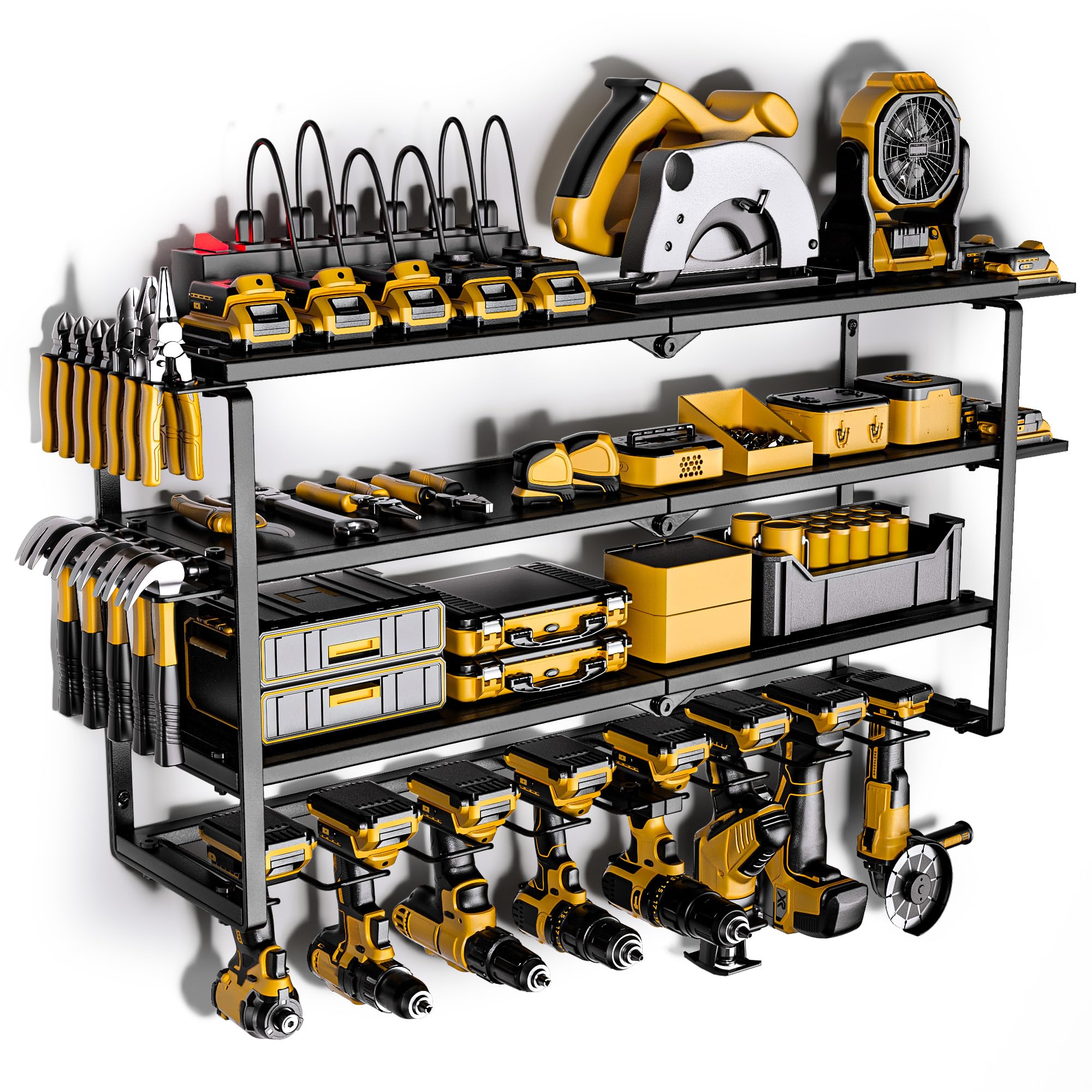 Spampur Power Tool Organizer With Charging Station, 8 Drill Holder Wall Mount, 4 Layer Storage Rack For Garage Storage, Heavy Du