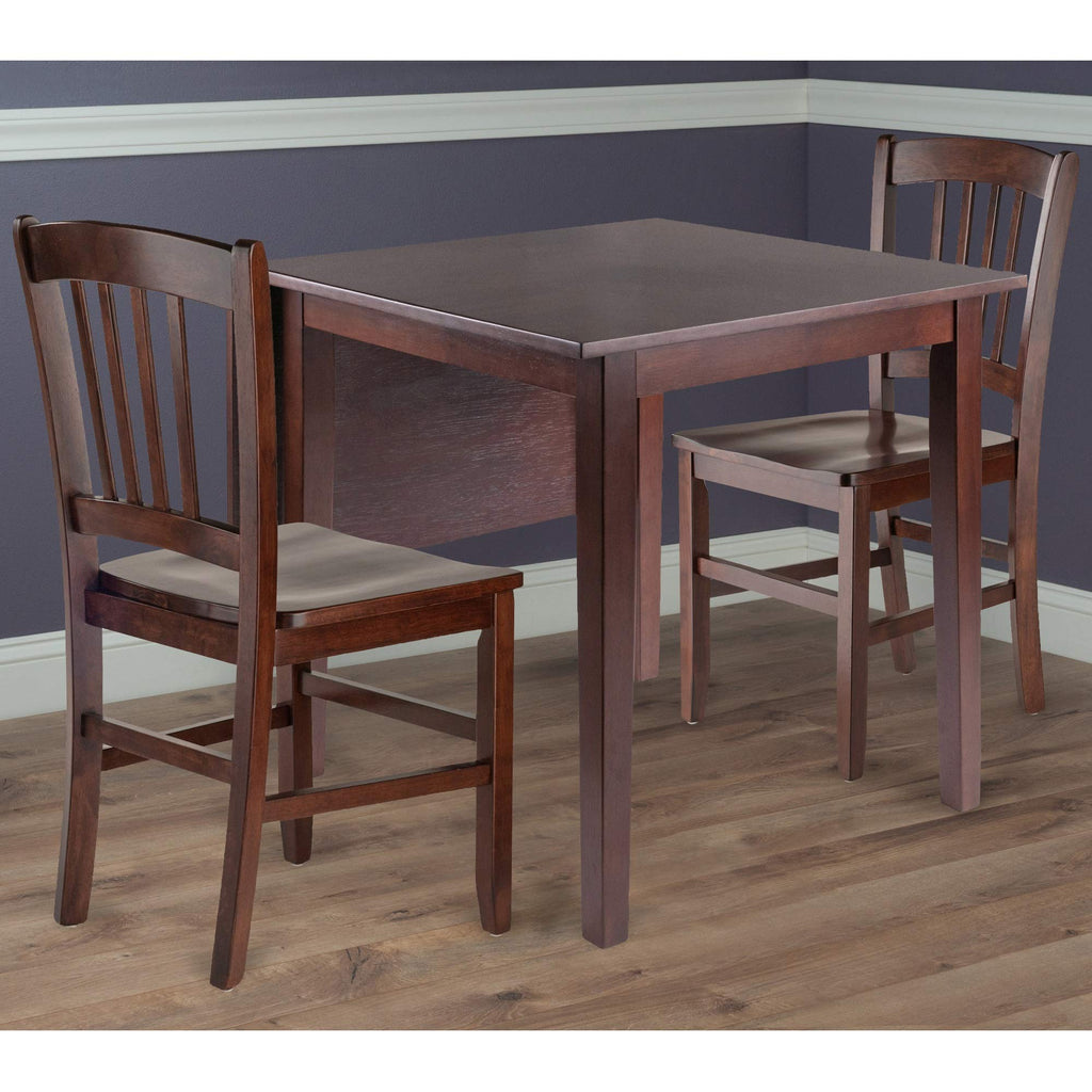 Ergode Perrone Drop Leaf Dining Table and Chairs Set - Elegant and Space-Saving, Solid Wood, Walnut Finish, Includes 2 Slat Back Chairs.