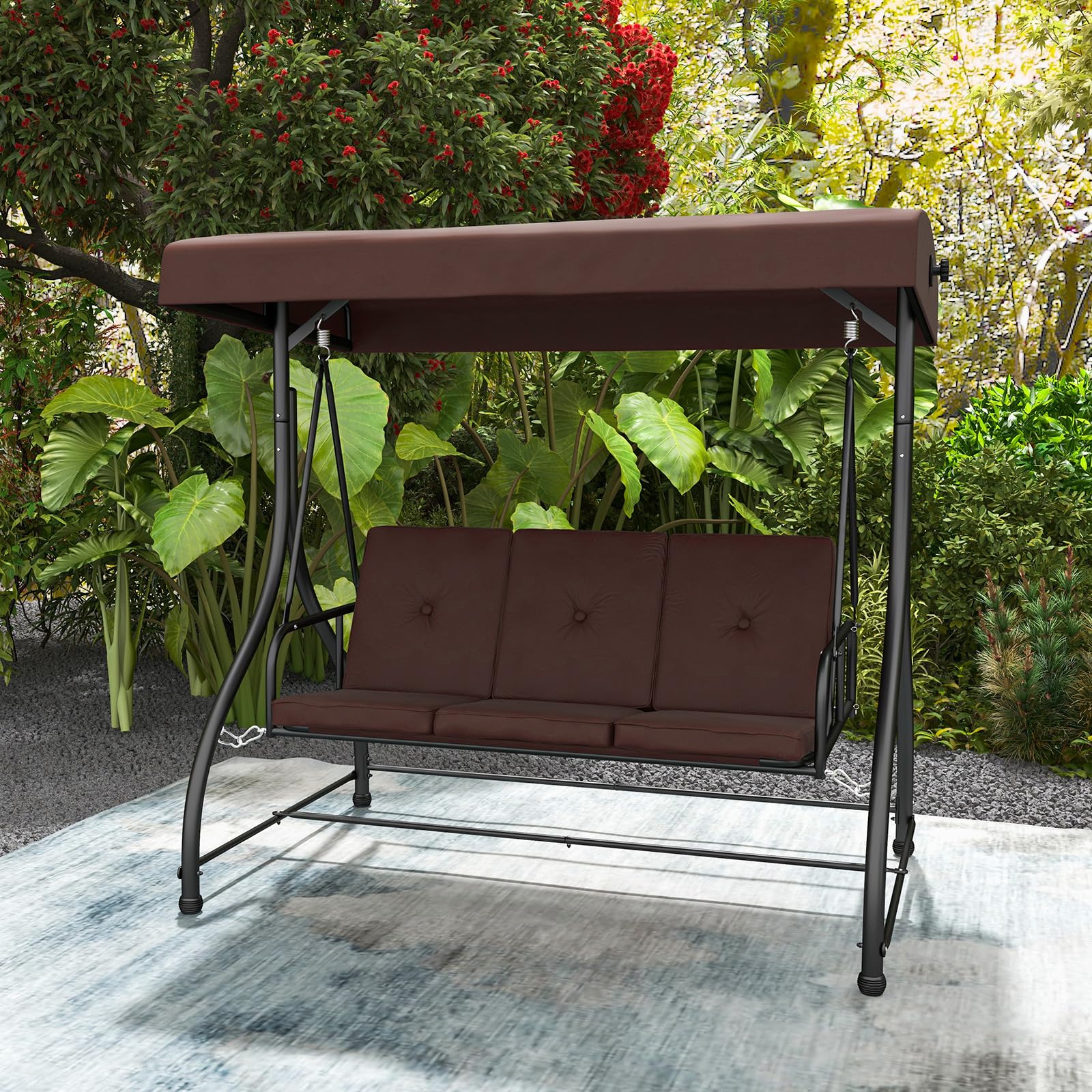 Tangkula 3 Person Porch Swing, 2-In-1 Convertible Patio Swing Bed With Removable Cushions, Solid Steel Structure, Outdoor Swing With Adjustable Canopy For Backyard, Balcony, Poolside (Coffee)