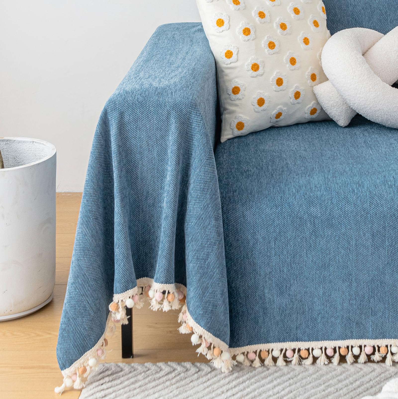 Handontime Couch Slipcover Dog Sofa Covers Boho Couch Cover For Dogs Blue Sofa Throw Cover Bohemian Sofa Covers For 3 Cushion Couch Herringbone Sectional Couch Cover Slipcovers For Sofas, 71' X134'