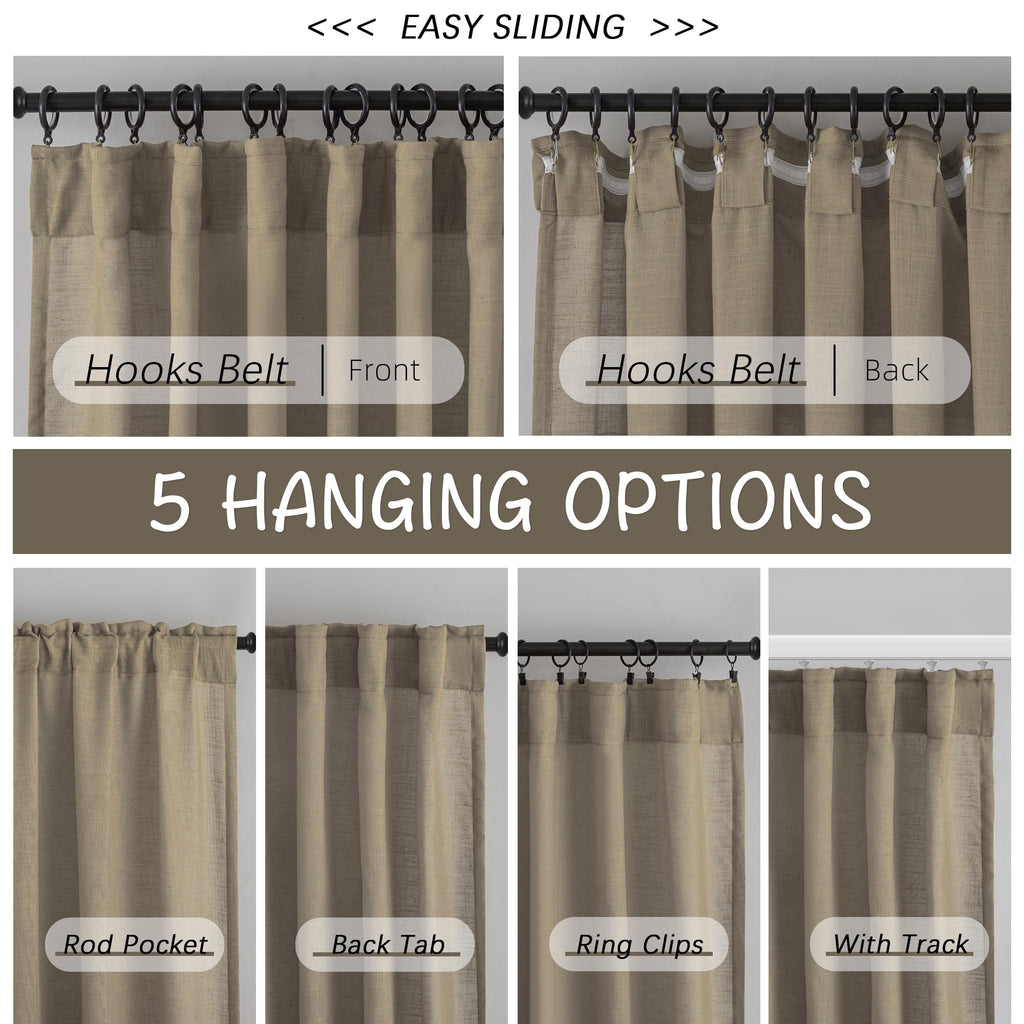 Donren Retro Linen Blend Back Tab Curtains 90 Inches Long,2 Panels Set For Living Room Hook Belt Loops Pocket Sack Draperies Light Filtering Semi Transparent Window Curtains For Bedroom,Taupe,52'Wide