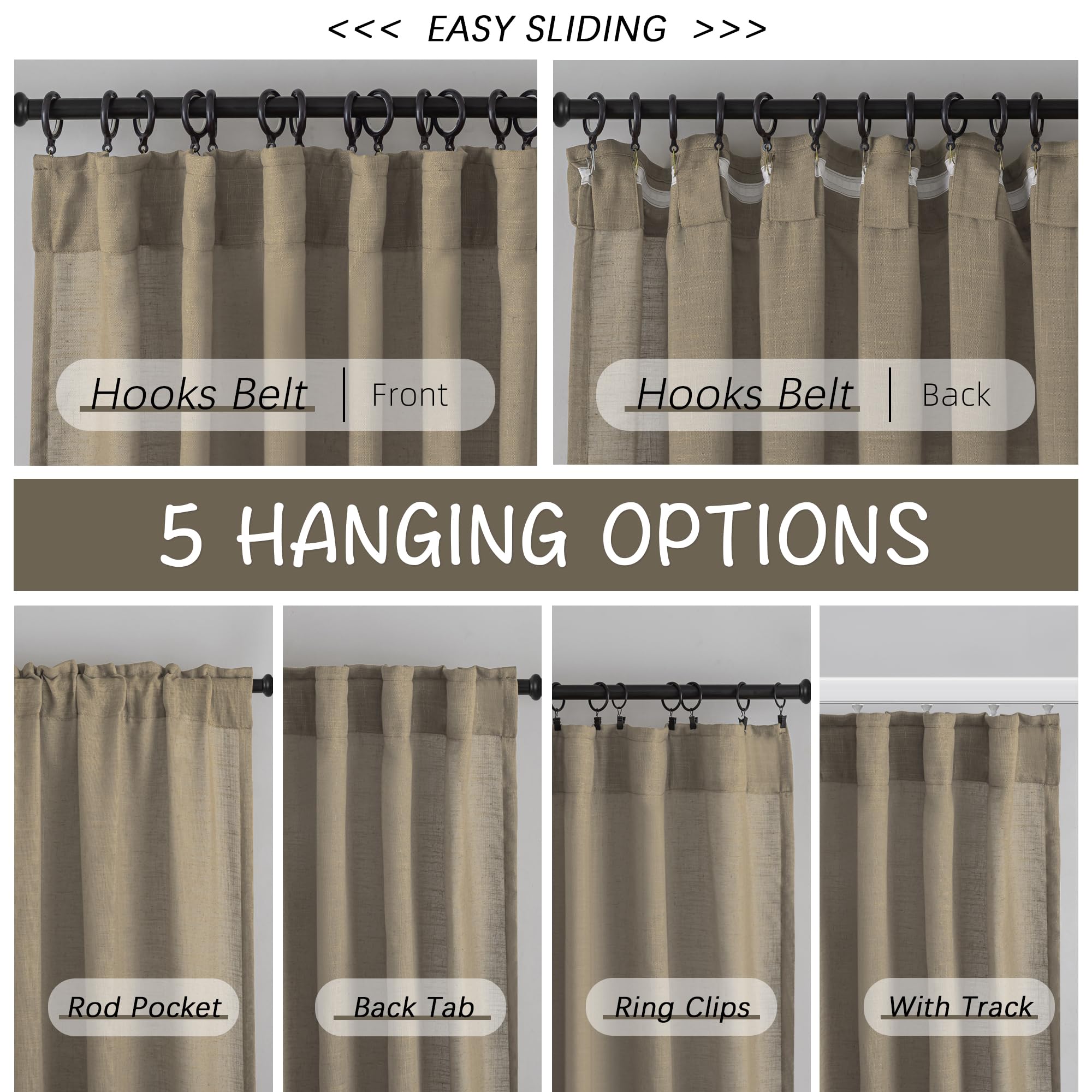 Donren Retro Linen Blend Back Tab Curtains 90 Inches Long,2 Panels Set For Living Room Hook Belt Loops Pocket Sack Draperies Light Filtering Semi Transparent Window Curtains For Bedroom,Taupe,52'Wide