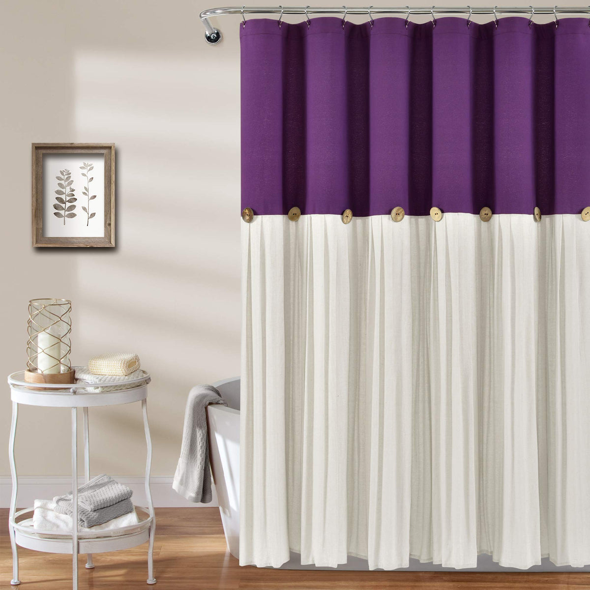 Lush Decor Linen Button Shower Curtain, 72' X 72', Purple & White