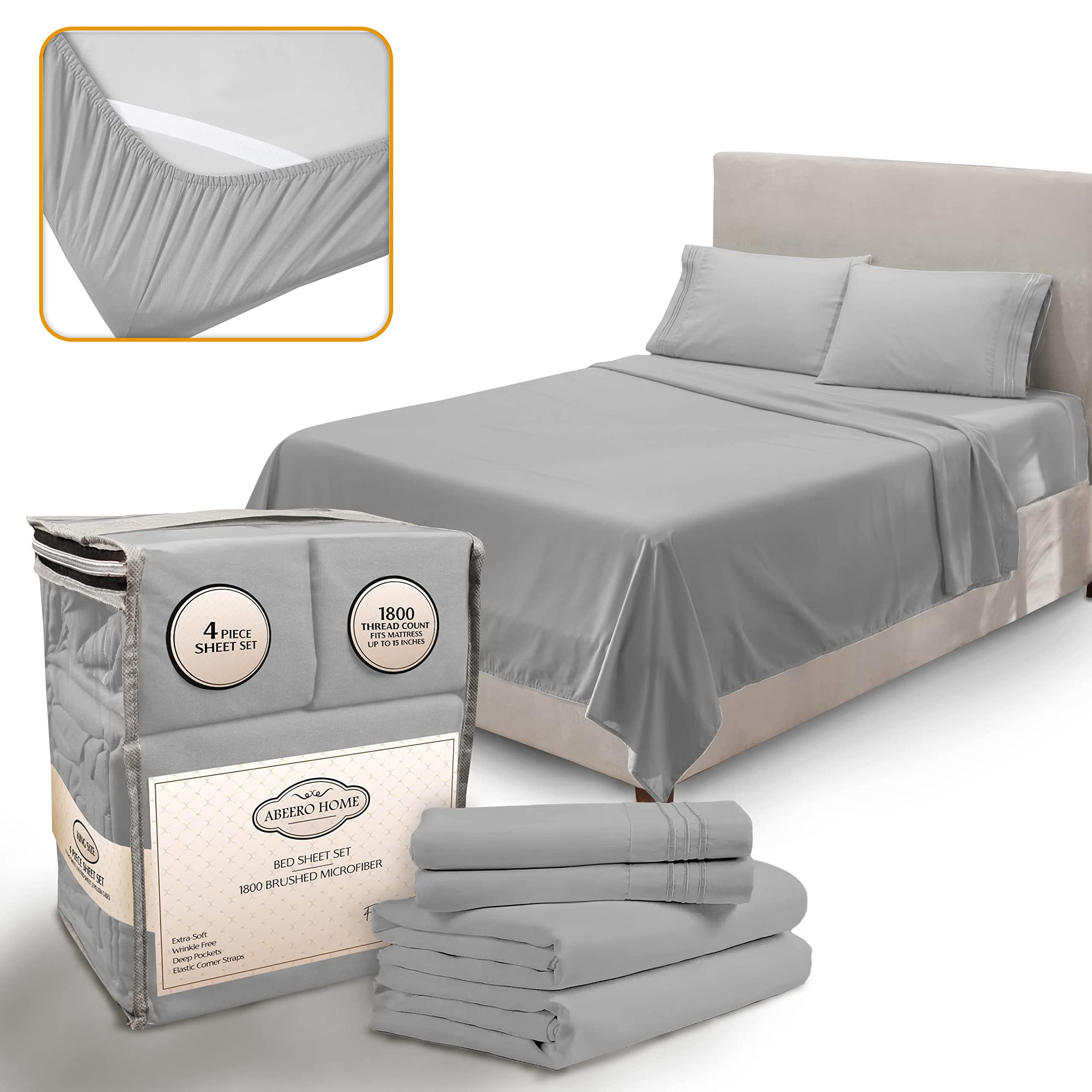 Abeero Home Queen Sheet Set - Luxury Hotel Bed Sheets - Soft Cooling Sheets with Elastic Corner Straps - Deep Pocket Microfiber 