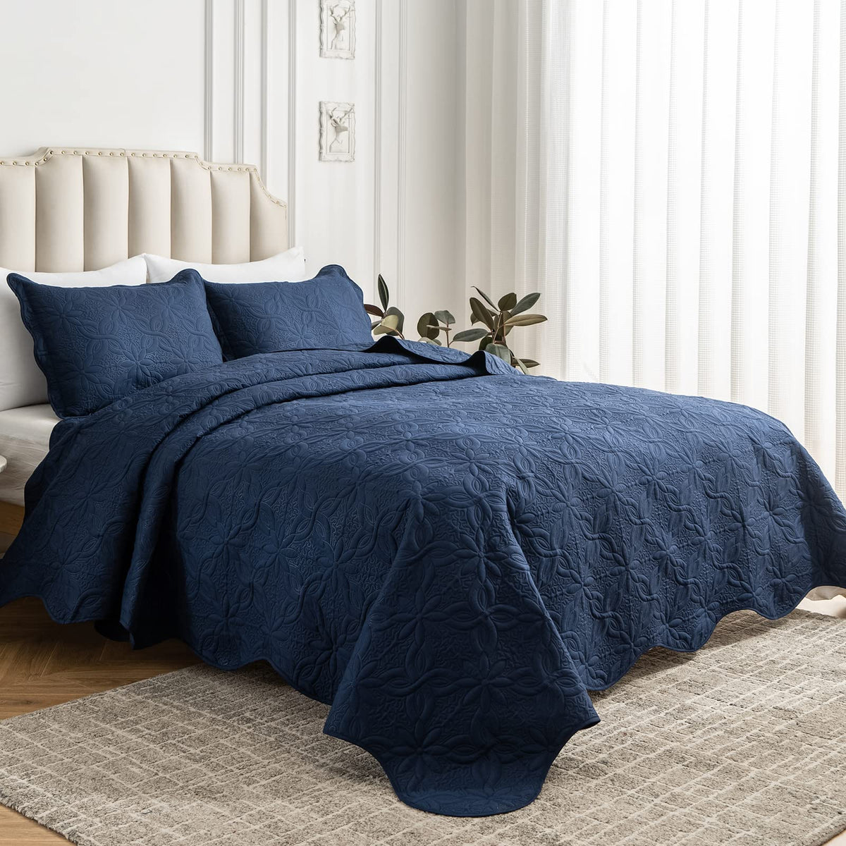 Auemtyn King Size Quilt Set 3 Pieces, Soft Lightweight Summer Bedspread, Reversible Microfiber Bed Coverlet For All Seasons, Nav