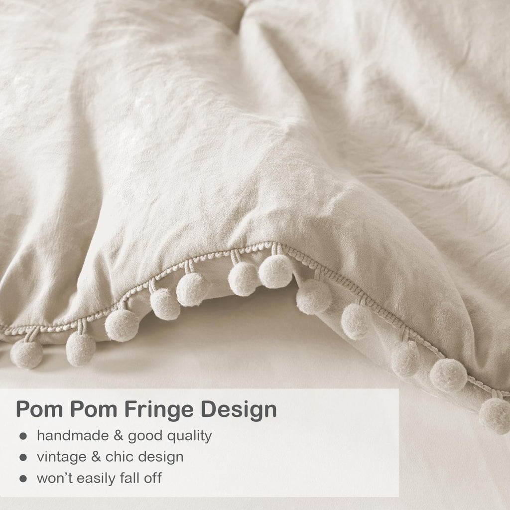 Codi Beige Comforter Set Queen - Boho Aesthetic Pom Fringe Bedding For Teen Girls, Cute Soft Washed Microfiber Taupe Bed Sets, L