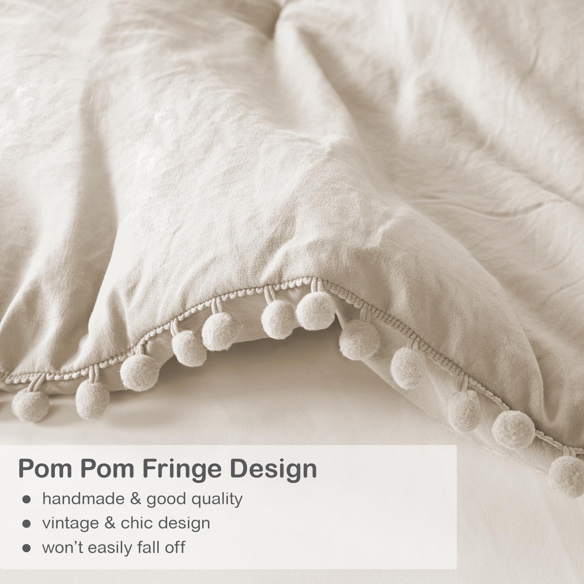 Codi Beige Comforter Set Queen - Boho Aesthetic Pom Fringe Bedding For Teen Girls, Cute Soft Washed Microfiber Taupe Bed Sets, L