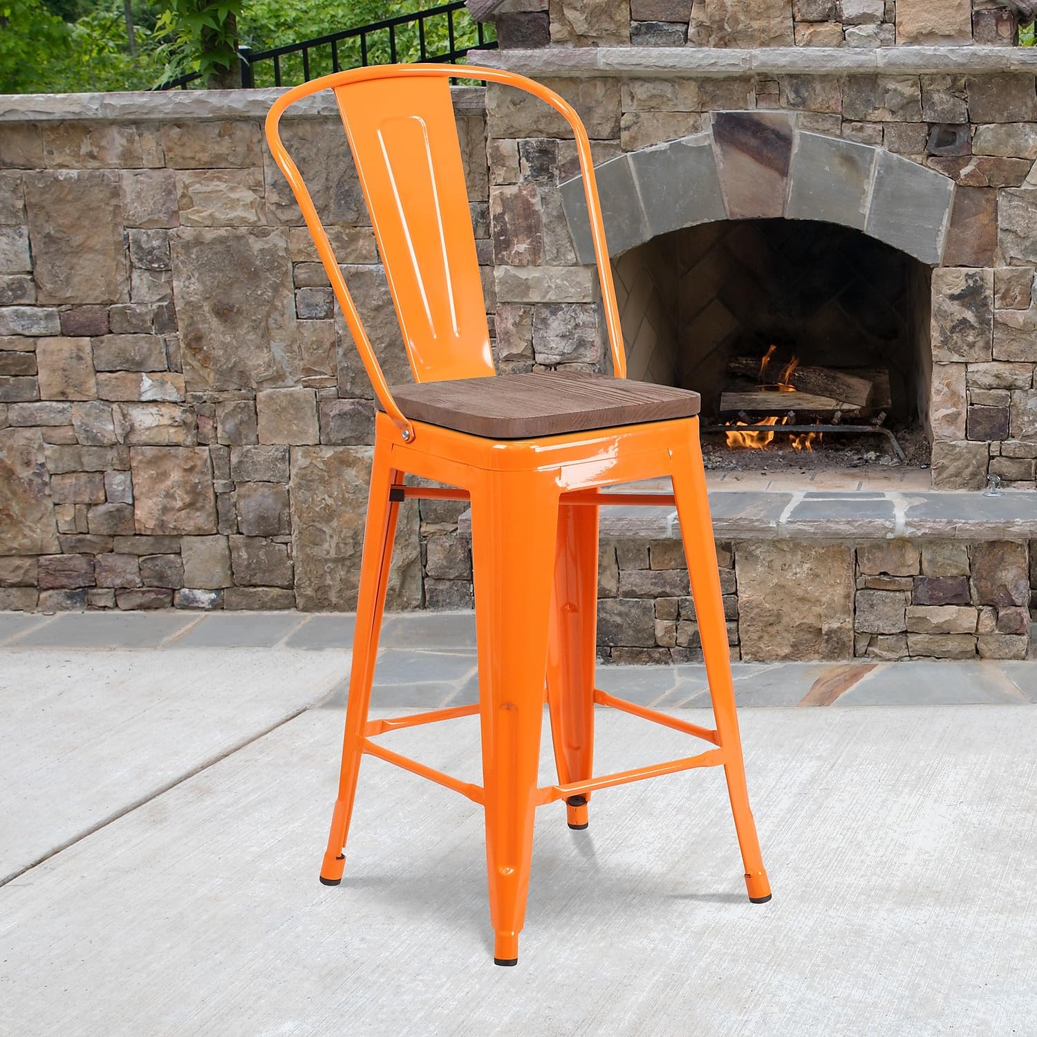 Flash Furniture Lily 24&quot; High Orange Metal Counter Height Stool With Back And Wood Seat