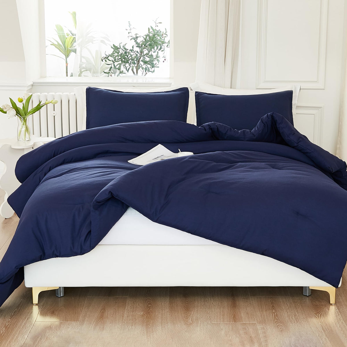 Litanika Navy Blue Comforter Set Queen Size, 3 Pieces Lightweight Solid Bedding Comforter Set, All Season Fluffy Down Alternativ