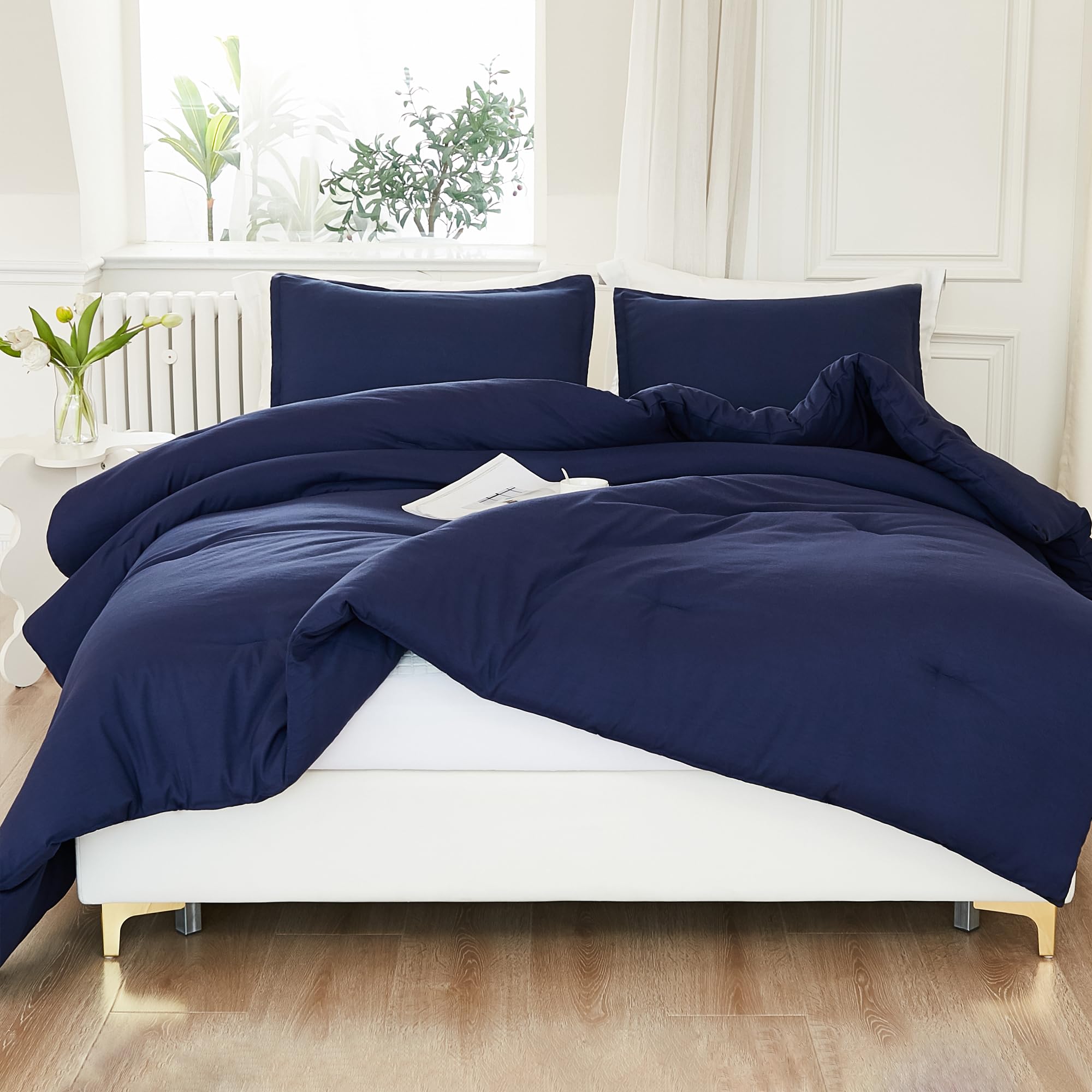 Litanika Navy Blue Twin/Twin Xl Comforter Set, 2 Pieces Lightweight Solid Bedding Comforter Set, All Season Fluffy Bed Set (66X9