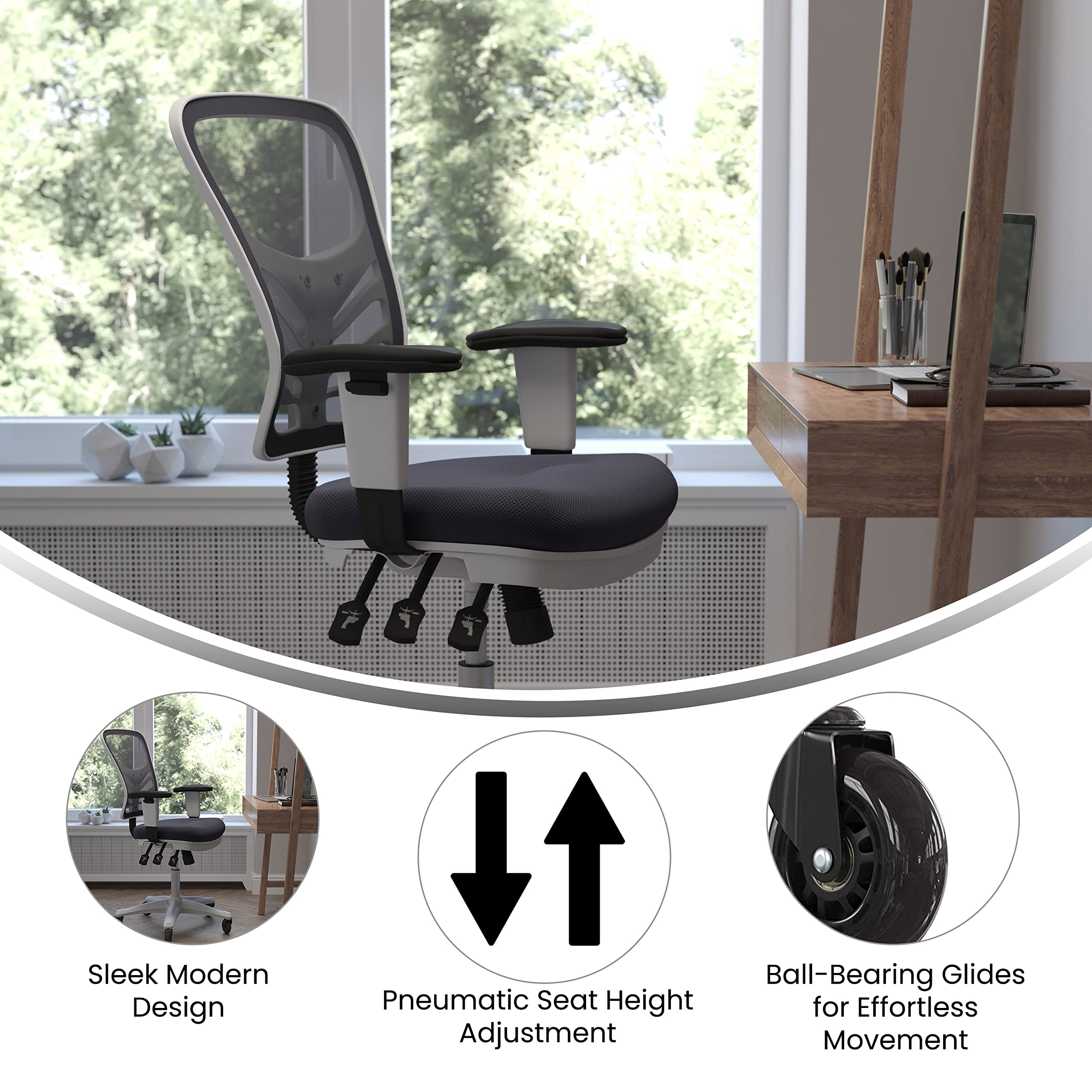 Flash Furniture Nicholas Mid-Back Dark Gray Mesh Multifunction Executive Ergonomic Chair With Adjustable Arms, Transparent Roller Wheels, And White Frame