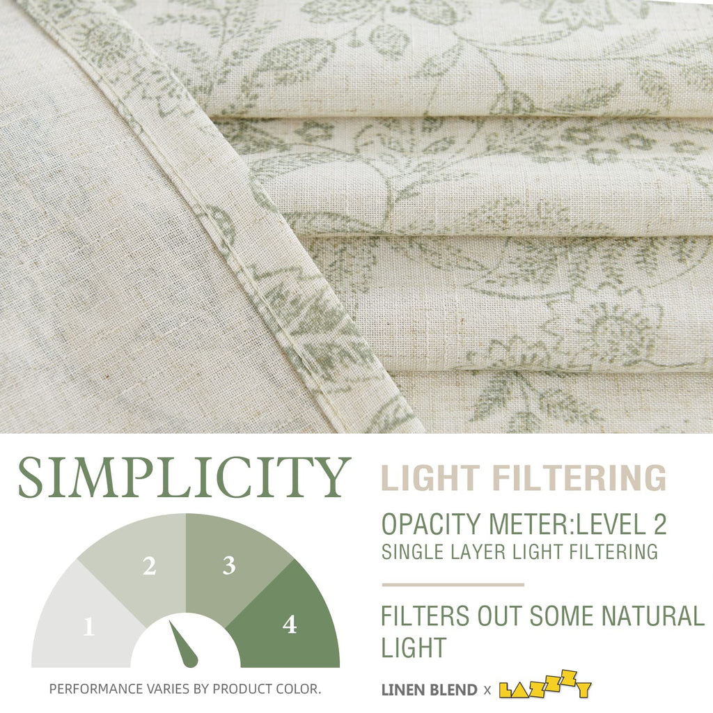 Lazzzy Green Floral Linen Farmhouse Curtains 108 Inches Long Back Tab Drapes For Living Room Bedroom Light Filtering Country Vin