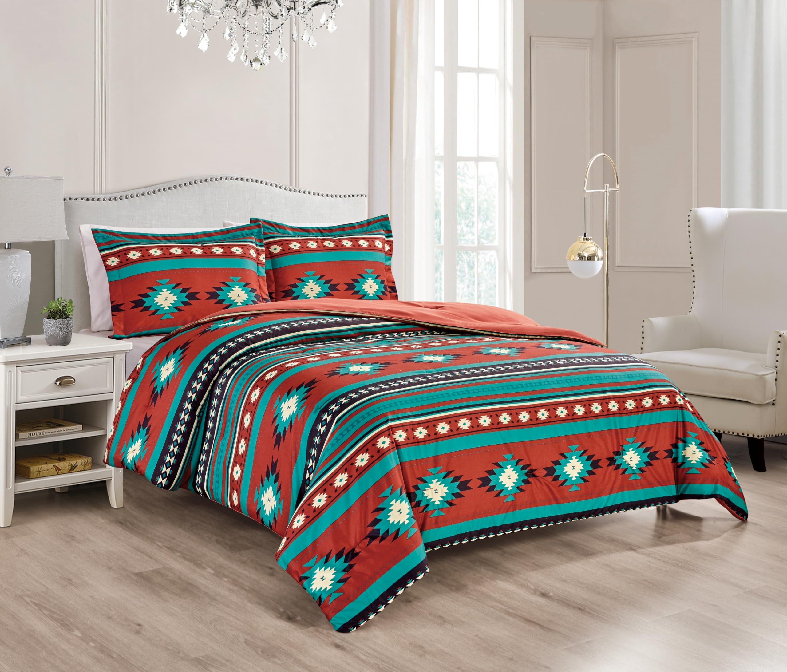 Chezmoi Collection 3-Piece Southwestern Geometric Tribal Multicolor Red Teal Beige Comforter Set, King Size