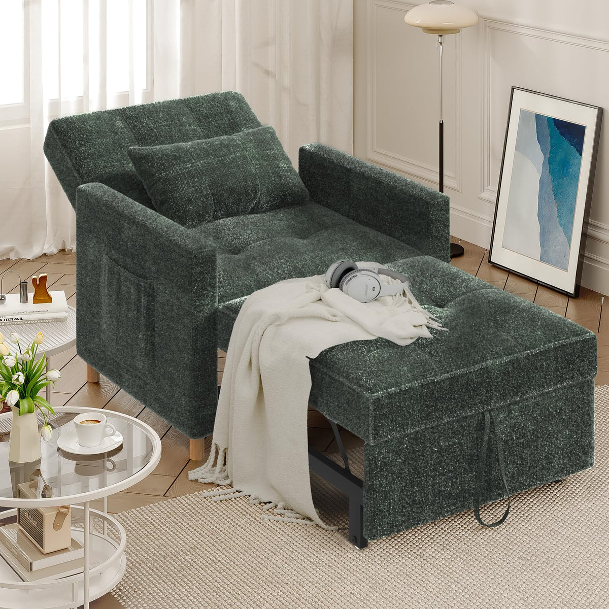 Jfhid 31.5' Sleeper Chair, Convertible Chair Bed For Adults, 3-In-1 Pull Out Sofa Chair With Side Pocket, Pillow And Adjustable